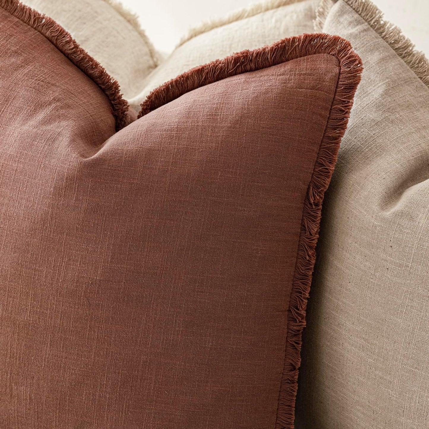 Foindtower Set of 2 Decorative Linen Fringe Throw Pillow Covers Boho Farmhouse Cushion Cover with Tassels Accent Pillowcase for Couch Chair Sofa Bed Living Room Home Decor,16×16 Inch,Rust Red