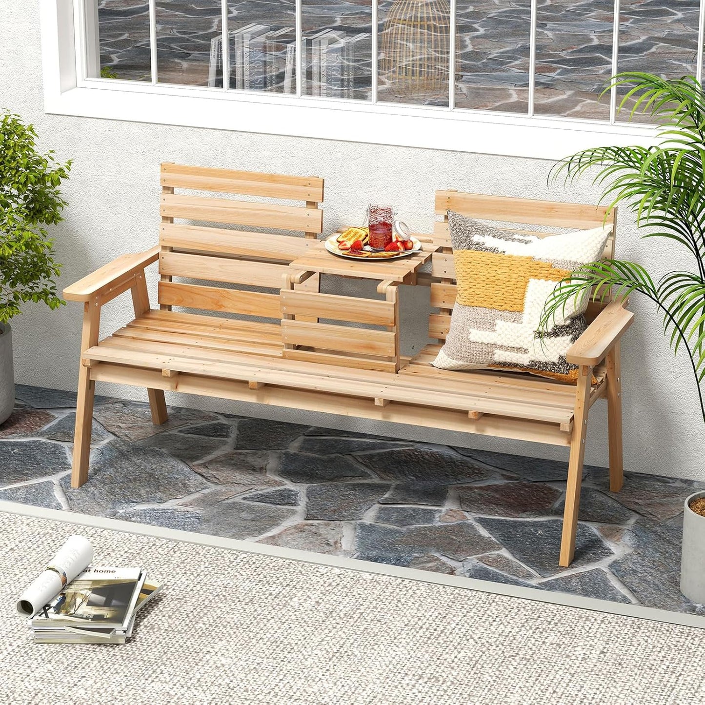 Tangkula Outdoor Fir Wood Bench with Foldable Middle Table, 2-3 Person Garden Bench with Backrest and Armrests, 710 lbs Weight Capacity, Slatted Seat Bench for Porch, Patio, Backyard