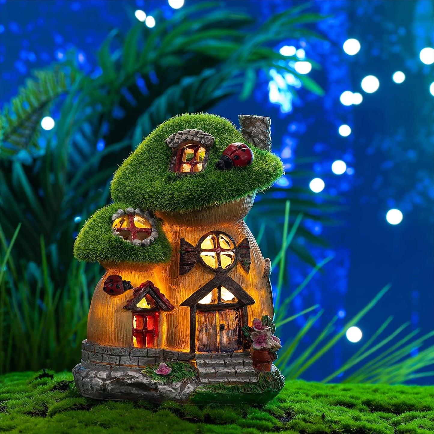 TERESA'S COLLECTIONS Mushroom Garden Statues with Outdoor Solar Light for Garden Decor, Green Flocked Decorations Resin Fairy House Accessories, Outdoor Decor Yard Gifts for Mom Women