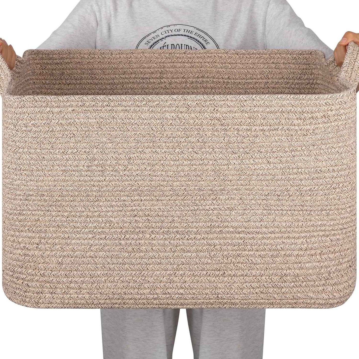 95L Cotton Rope Large Blanket Basket (24" x 16.9" x 14.2") for Living Room, Kids Room & Laundry, Storage Basket with Handle for Organizing Blankets, Pillows, Clothes & Toys, Brown