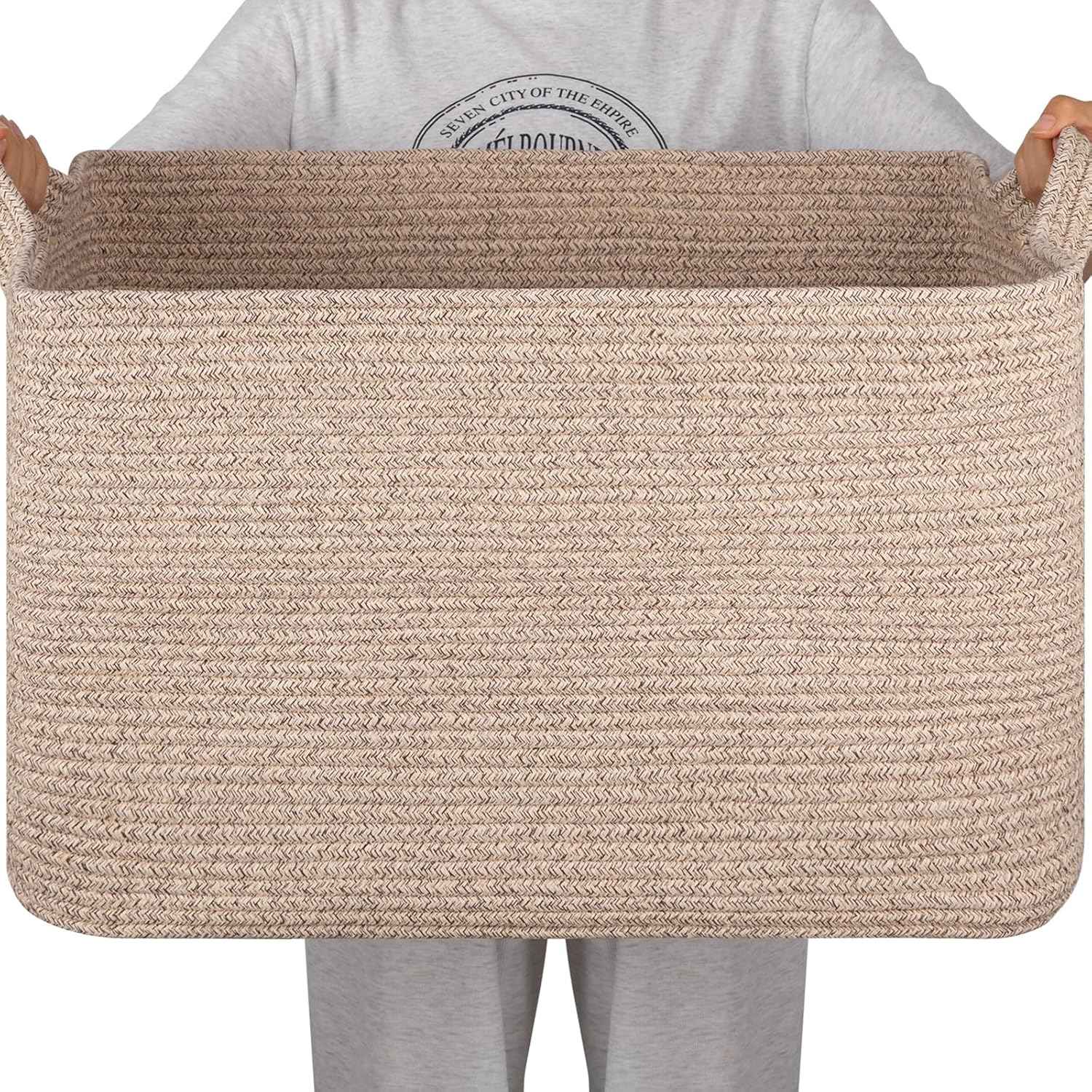 95L Cotton Rope Large Blanket Basket (24" x 16.9" x 14.2") for Living Room, Kids Room & Laundry, Storage Basket with Handle for Organizing Blankets, Pillows, Clothes & Toys, Brown