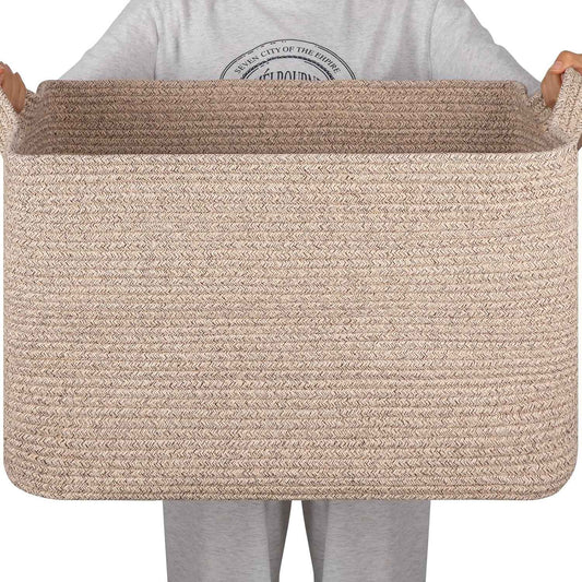 95L Cotton Rope Large Blanket Basket (24" x 16.9" x 14.2") for Living Room, Kids Room & Laundry, Storage Basket with Handle for Organizing Blankets, Pillows, Clothes & Toys, Brown