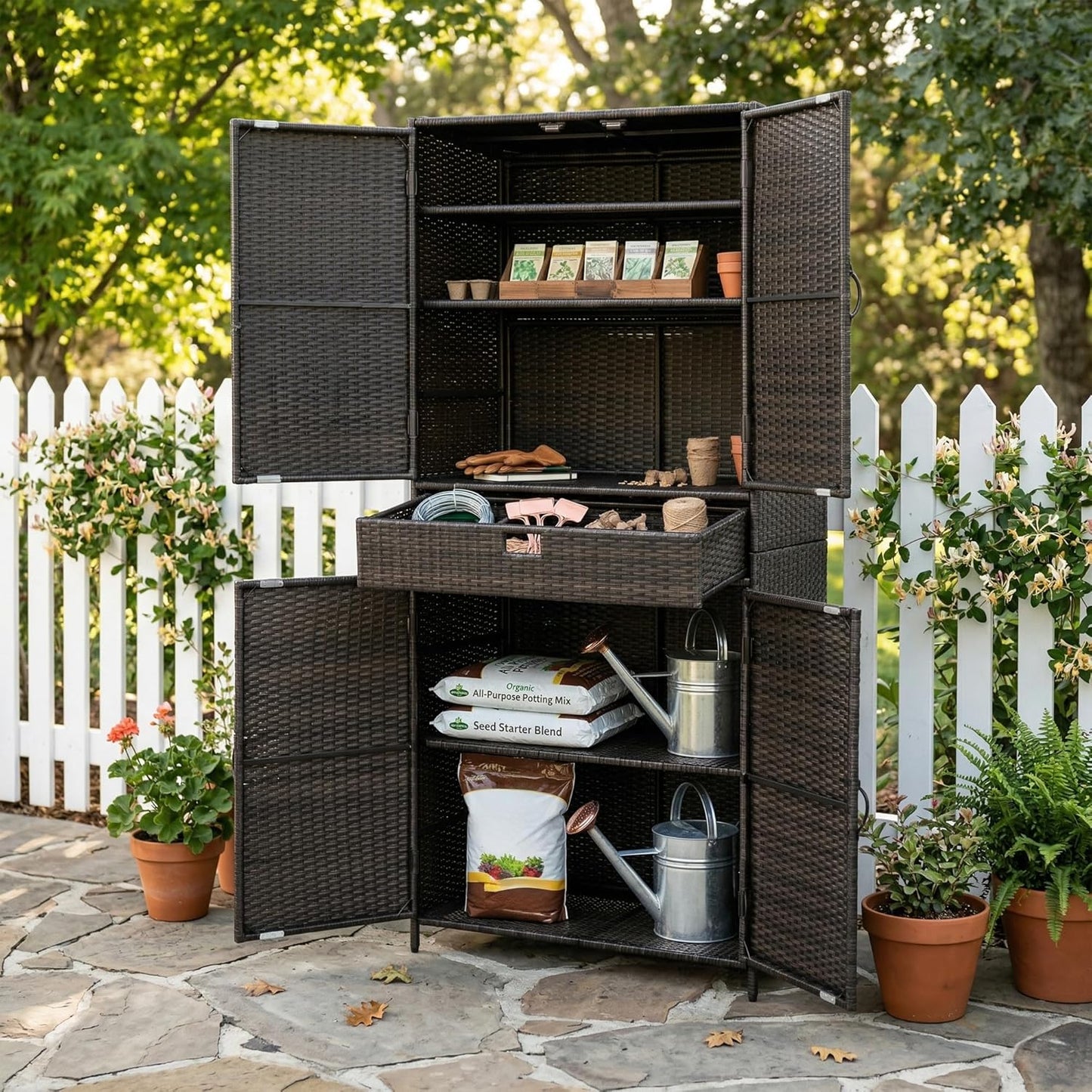 Wicker Outdoor Storage Cabinet - Rattan Pool Towel Storage Cabinet with Adjustable Shelves and Drawer, Brown+Black Tall Patio Cabinets Organizer with Doors for Garden, Backyard, Poolside