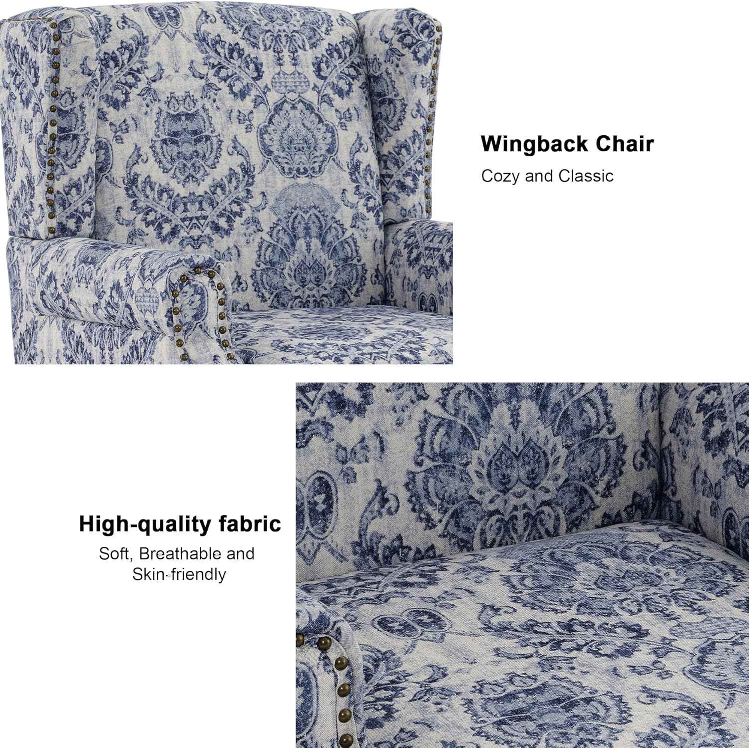 Floral High Back Accent Chair, Upholstered Armchair with Solid Wood Legs, Comfy Wingback Reading Single Sofa Chair for Small Spaces, Living Room, Bedroom(Floral Navy Blue, Set of 1)