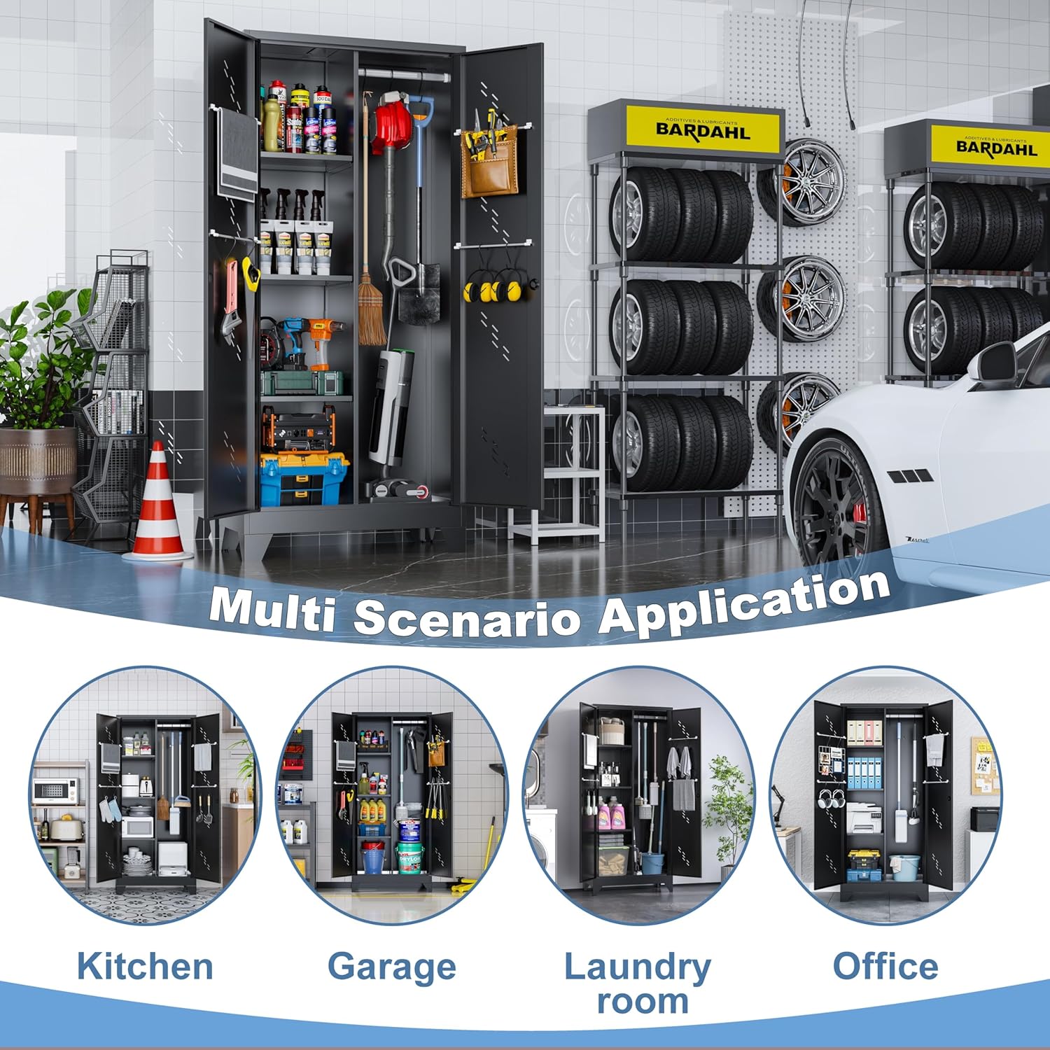 Metal Garage Storage Cabinet with Locking Doors, 71" Tall Broom Closet Storage Cabinet, Heavy Duty Garage Organization Cabinets, Steel Cabinet with Hanging Rod, Assembly Required - Lumora Casa