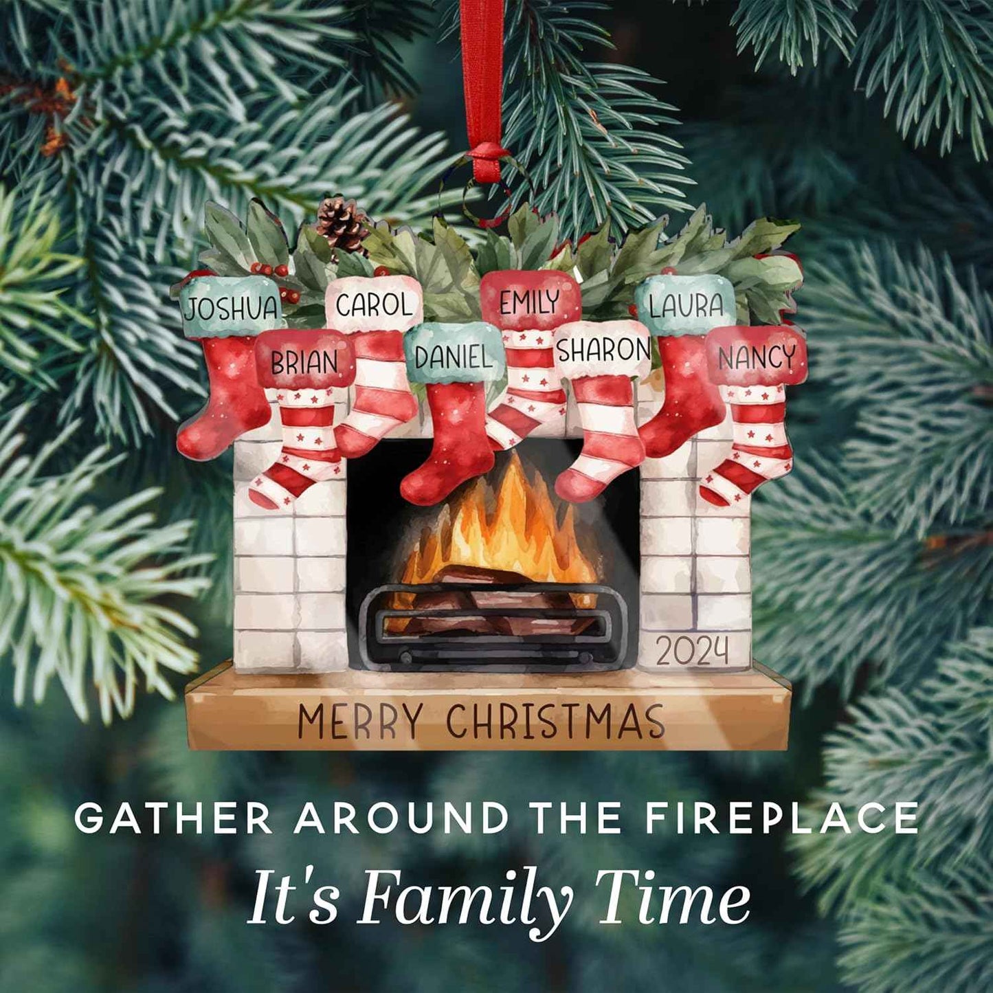 Christmas 2026 Family Ornaments Personalized - Up to 7 Names - Custom Fireplace Mantle Ornament w/Names, Family Christmas Tree Ornament, Personalized 2025 Xmas Ornaments