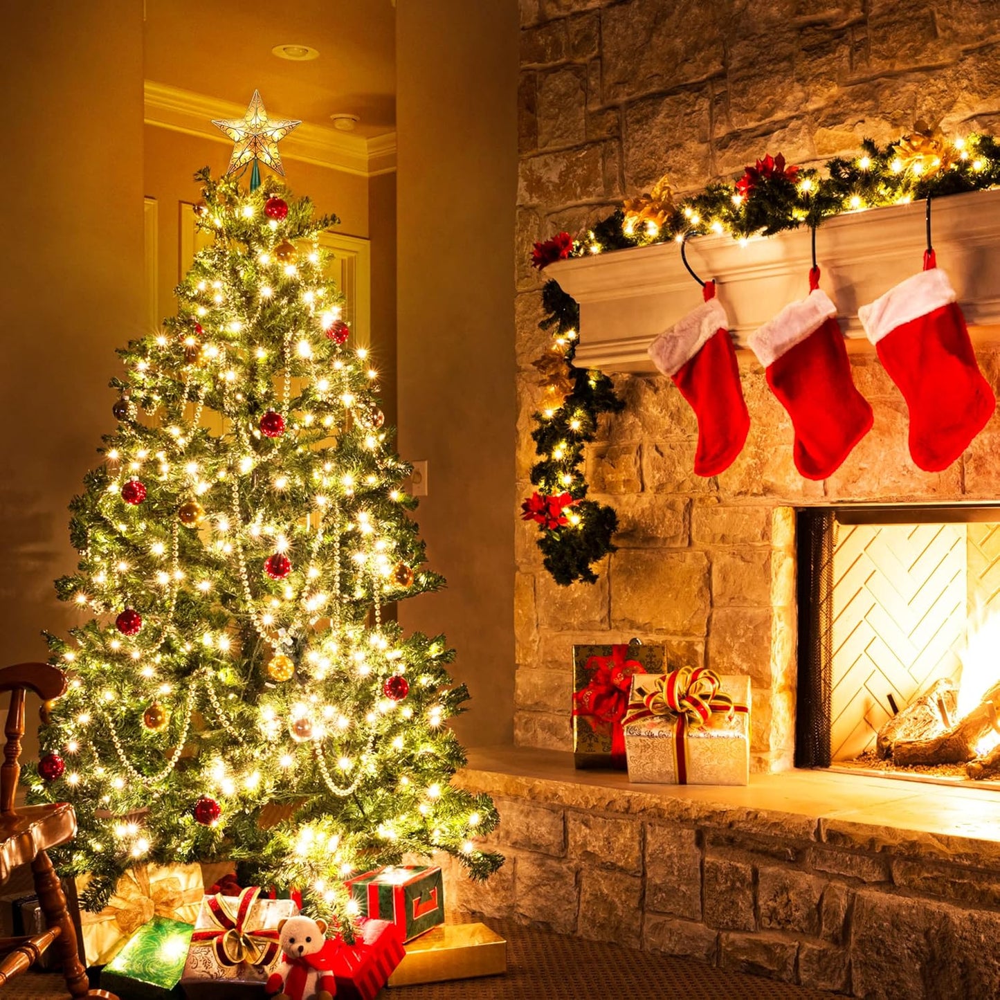 ODEETRONIC Christmas Star Tree Topper Lights, 9.5in UL Certified 3D Star Tree Topper, Double Sided Christmas Tree-top with 10 Count Incandescent Warm White Lights for Xmas Tree Home Decor, Gold