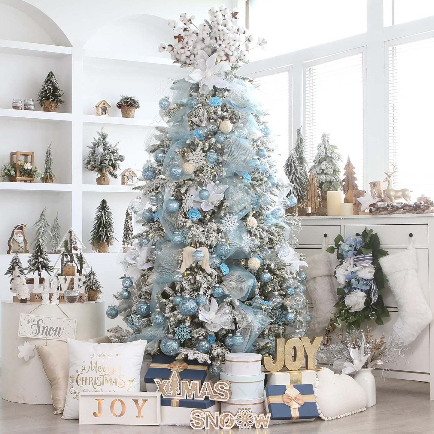 Sea Team Christmas Baubles Set Clear Plastic Shatterproof Multi-Size Decorative Christmas Baubles with Stuffed Delicate Decorations (25 Pieces, Babyblue)