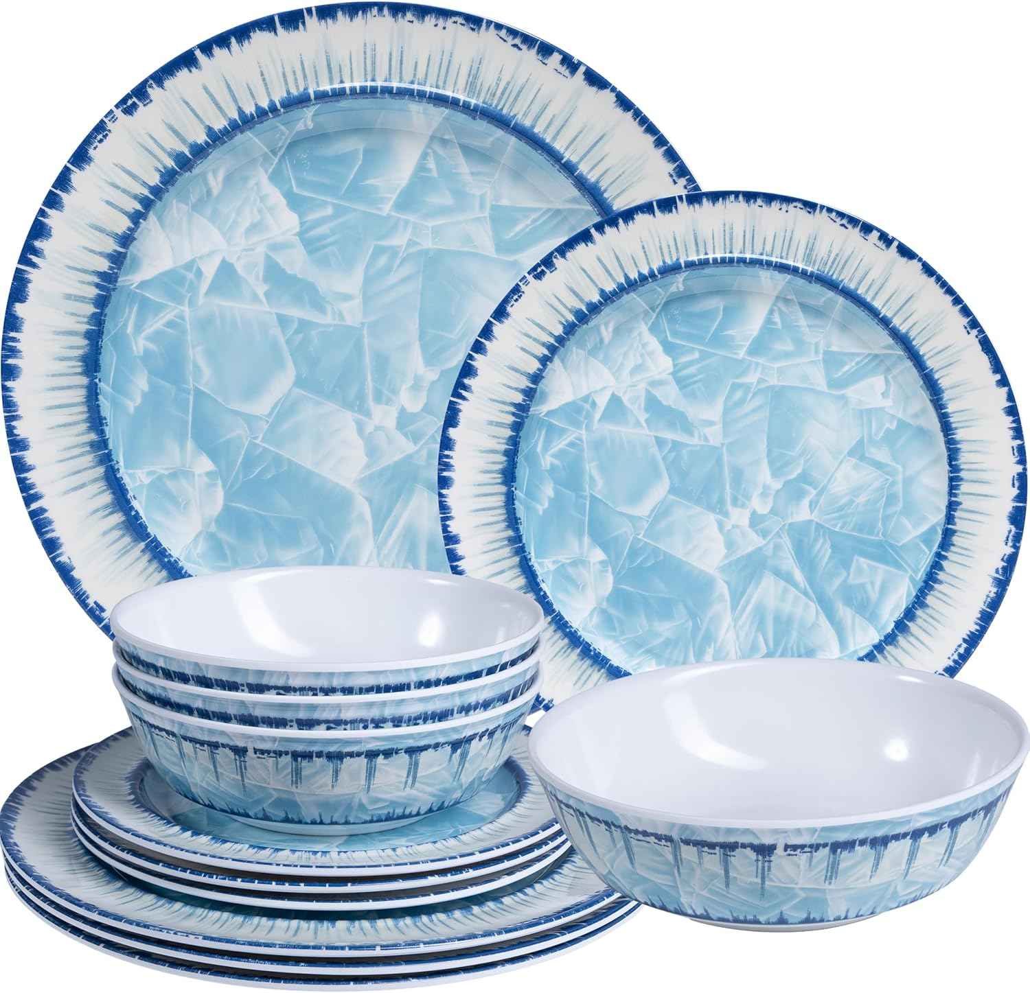 12 Piece Melamine Plates and Bowls Dinnerware Set, Lightweight Unbreakable Modern Dishes Set Great for Outdoor Camping & Everyday Use, Service for 4, BPA Free, Light Blue