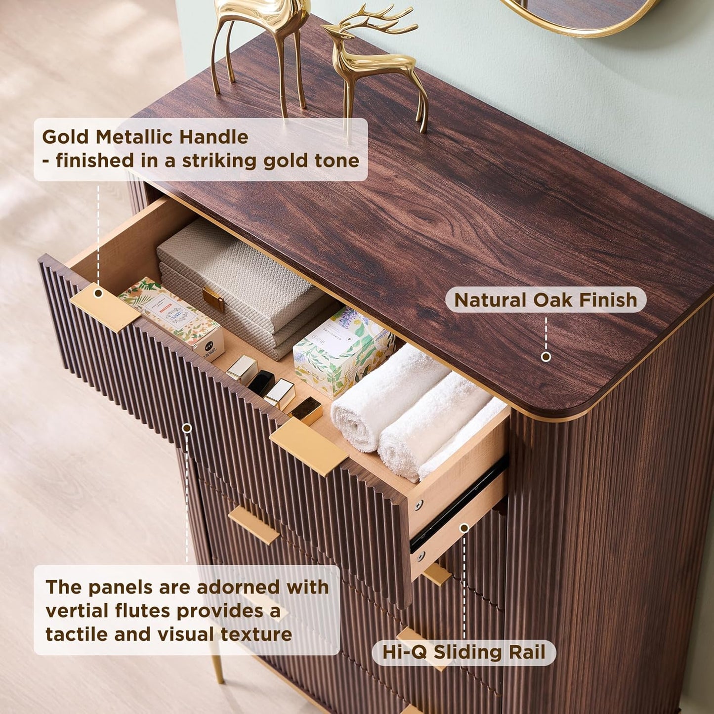 T4TREAM Fluted 5 Drawers Dresser for Bedroom, 48" Tall Modern Dresser Chest of Drawers, Gold Accents, Fluted Fronts, Wood Storage Dressers Organizer for Bedroom, Living Room, Dark Walnut