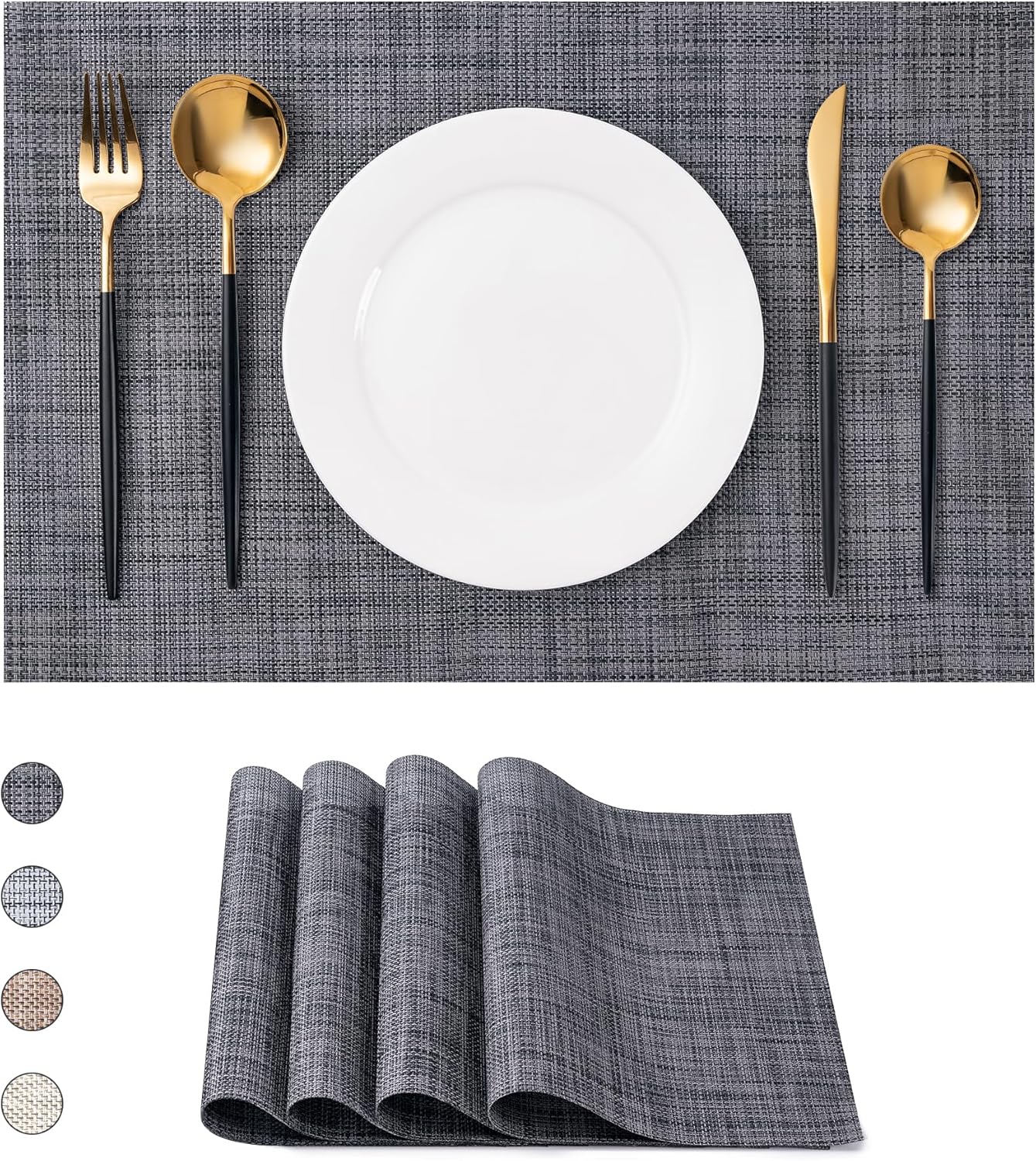 CADONO Placemats Set of 4 Washable Indoor/Outdoor Vinyl Place Mats for Dining Table Durable Non-Slip Heat Resistant PVC Weave Table Mats（Black）