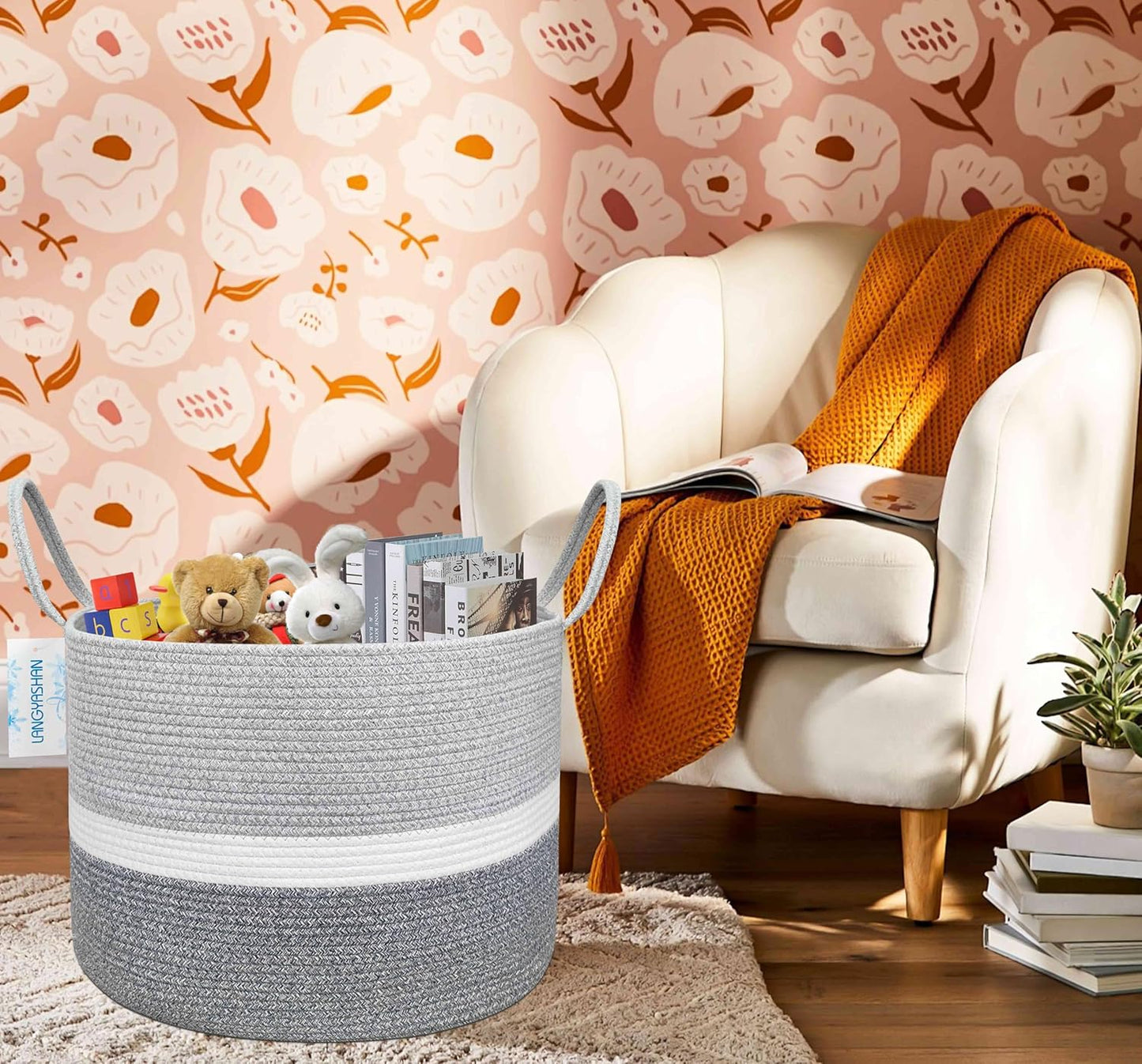 21.65" x 13.78" XXXLarge Woven Rope Basket Decorative Blanket Basket for Living Room Toys Sofa Throws Storage Towels or Nursery Laundry Hamper with Handles Laundry Basket (Three-Colour)