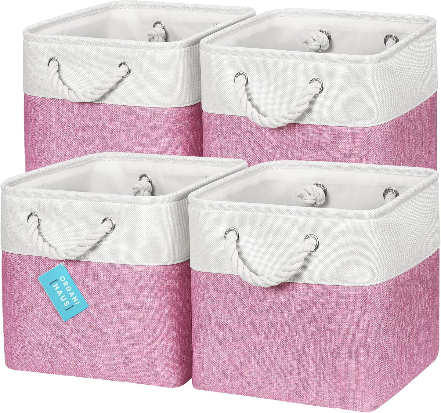 OrganiHaus 11x11 Cube Storage Bins 4 Pack, Foldable Cube Storage Organizer w/ Rope Handles, Collapsible Fabric Bins for Toys, Clothes & Closet Organization, Fabric Square Baskets - Pink/White