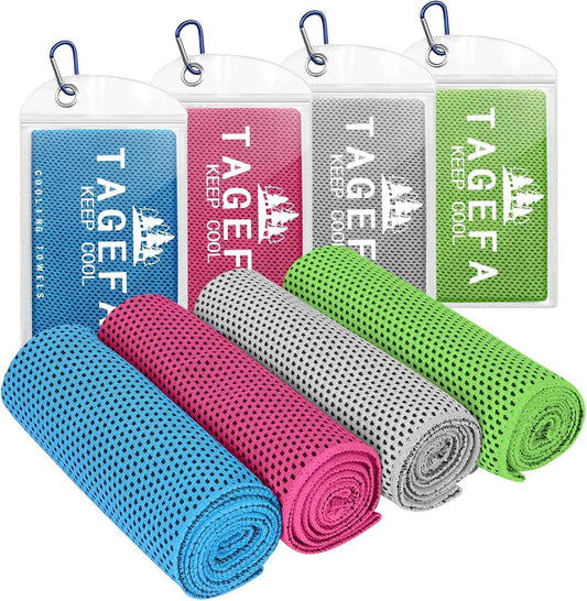 Pack of 4 Cooling Towels 40" x 12" with Carrying Pouch, Cold Sport Towels, Soft Breathable, Quick Cool Towel, for Bowling, Yoga, Travel, Camping, Golf, Football, Hiking, Outdoor Work