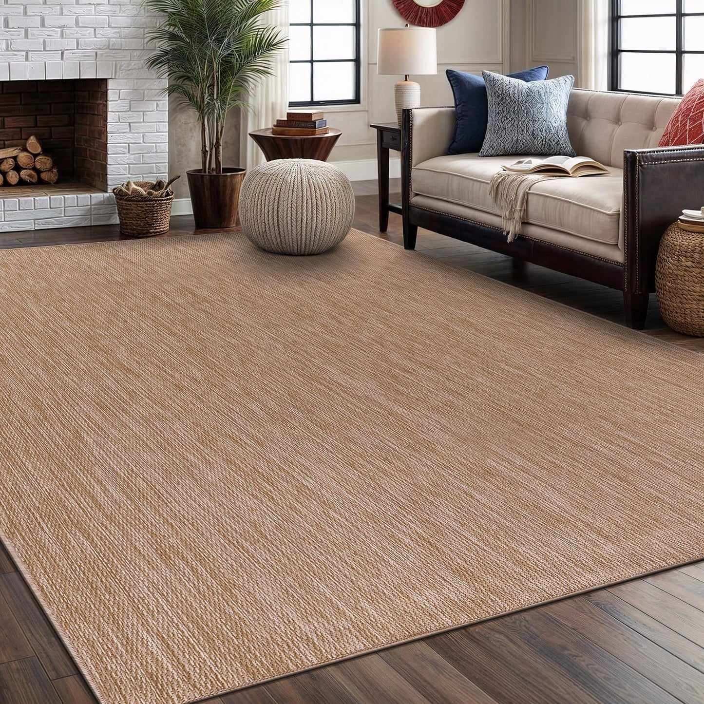 Washable Indoor Outdoor Rug 6x9 Weather Resistant Area Rugs Modern Solid Jute Rug for Porch Deck Balcony Backyard Patio Outside Carpet (6 X 9 Jute Beige)