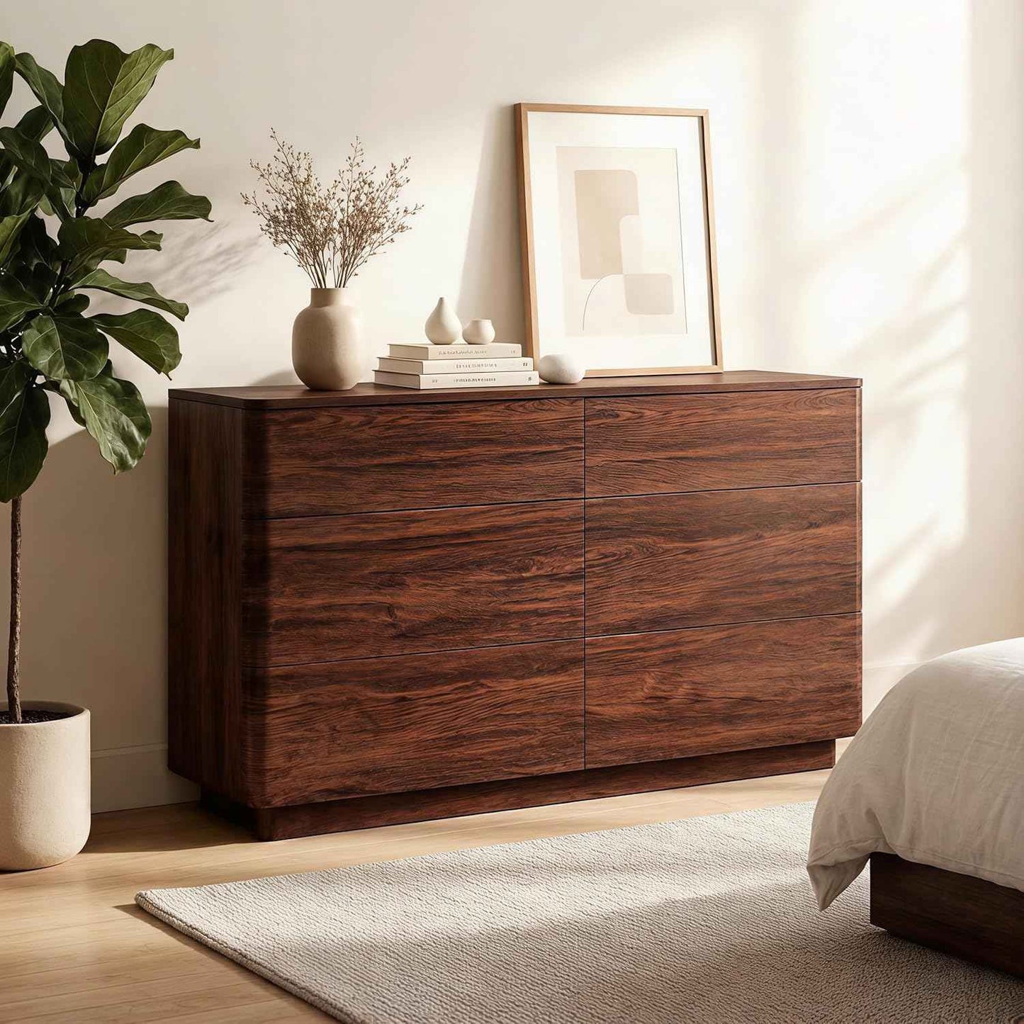 ACCOHOHO 6 Drawer Dresser for Bedroom, 52" Wide Modern Wood Dresser with Hidden Handle Drawers, Large Storage Chest of Drawers, TV Stand for Living Room & Hallway, Curved Profile Design, Dark Walnut