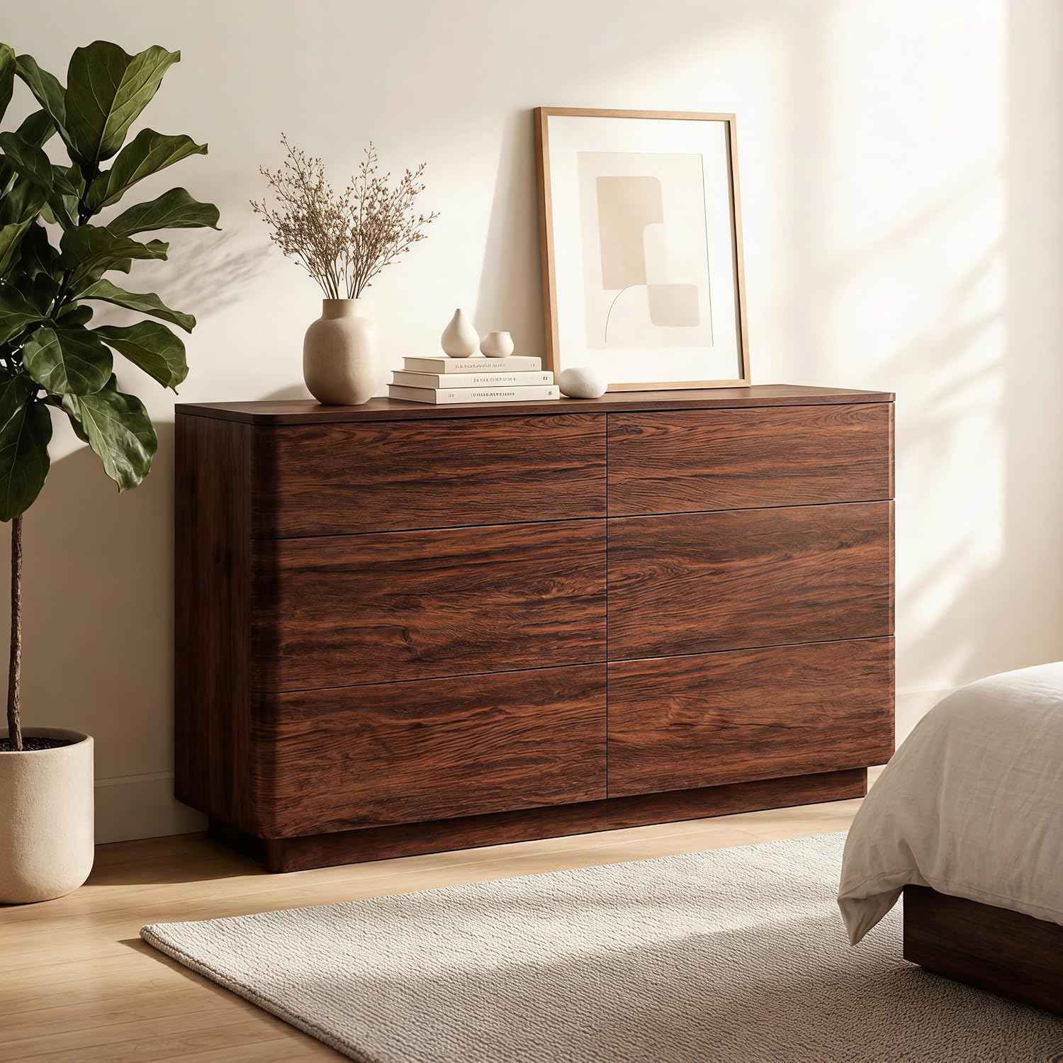 ACCOHOHO 6 Drawer Dresser for Bedroom, 52" Wide Modern Wood Dresser with Hidden Handle Drawers, Large Storage Chest of Drawers, TV Stand for Living Room & Hallway, Curved Profile Design, Dark Walnut