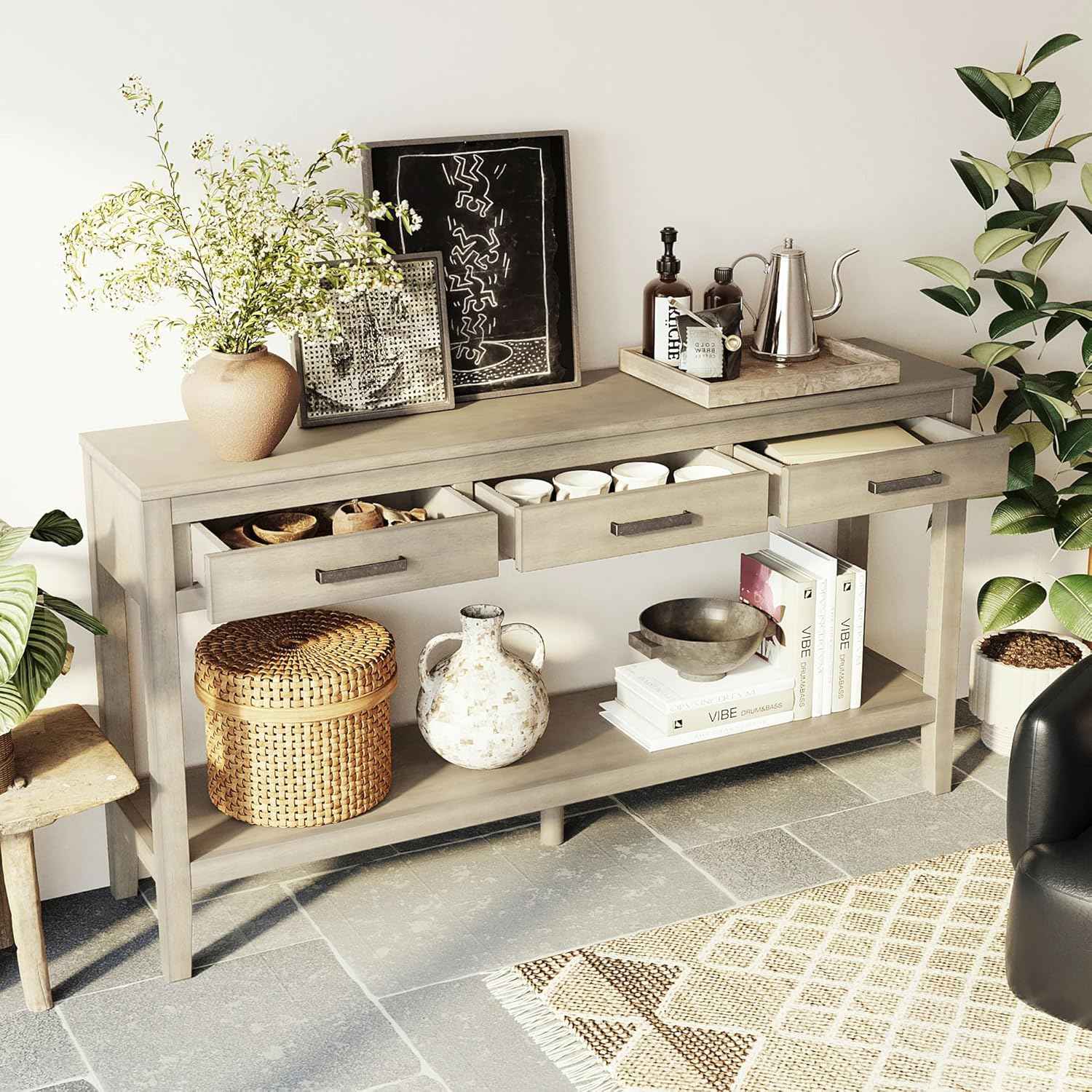 Modern Wood Console Table 59'' Extra Long Entryway Sofa Table with Drawers & Open Storage Shelf for Living Room Entrance Hallway (Gray)