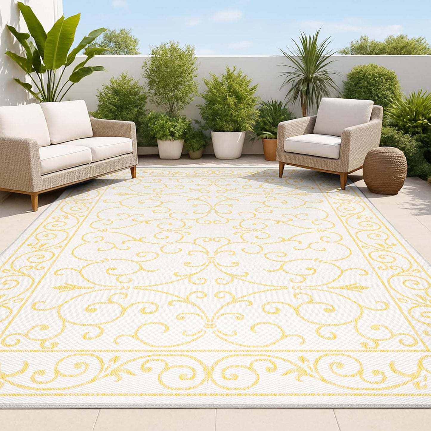 JONATHAN Y Vintage Filigree Indoor Outdoor Area Rug 4X6 Cream/Yellow, Charleston Textured Weave for Backyard, Patio, Porch, Easy-Cleaning, High Traffic, Pet-Friendly, Non-Shedding (SMB106M-4)