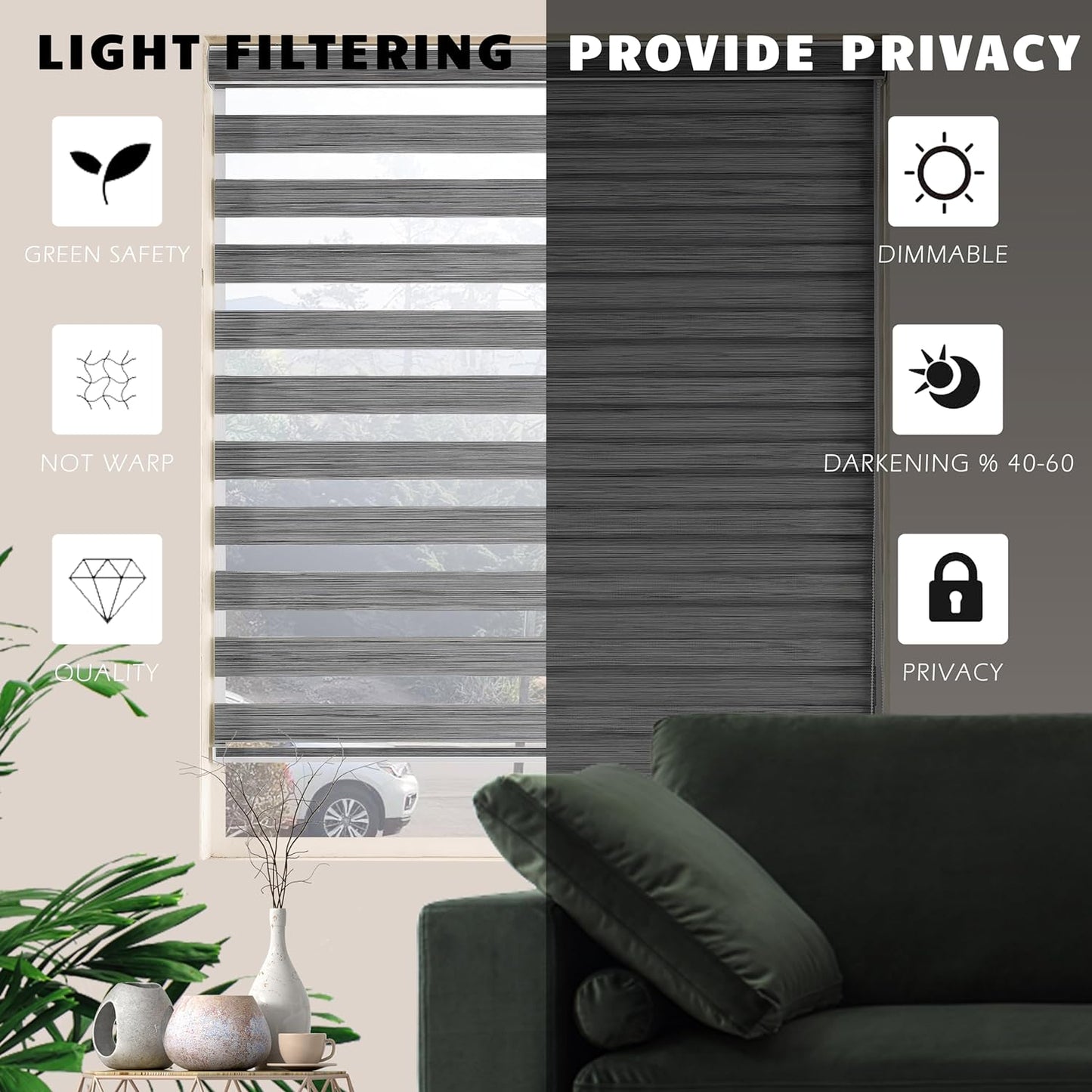 Zebra Blinds for Windows, Free-Stop Zebra Shades, Dual Layer Light Filtering Sheer Blinds for Indoor Windows, Roller Window Shades for Privacy (31" W X 72" H, Grey)