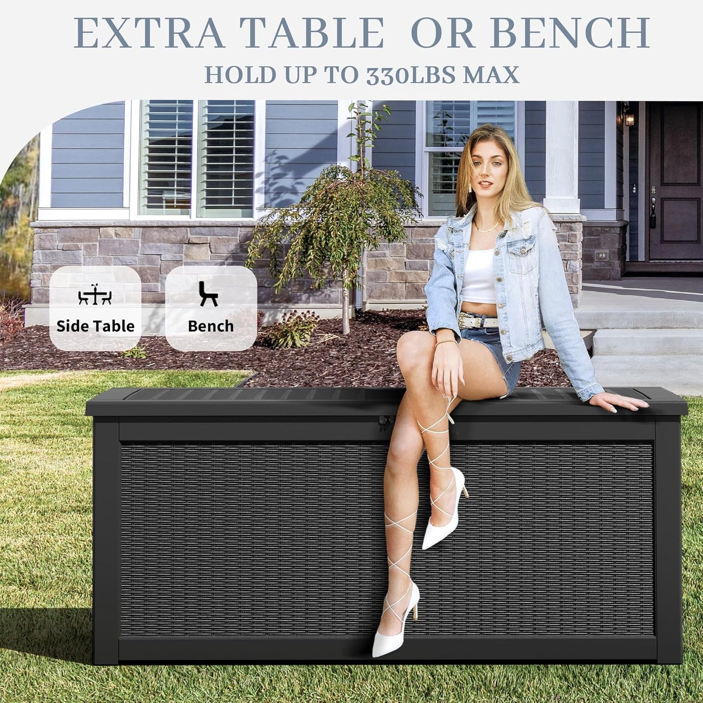 320 Gallon Outdoor Storage Box, Resin Deck Boxes Outdoor Waterproof For Patio Furniture, Garden Tools, Pool Supplies, Lockable And UV Resistant (Rattan Black)
