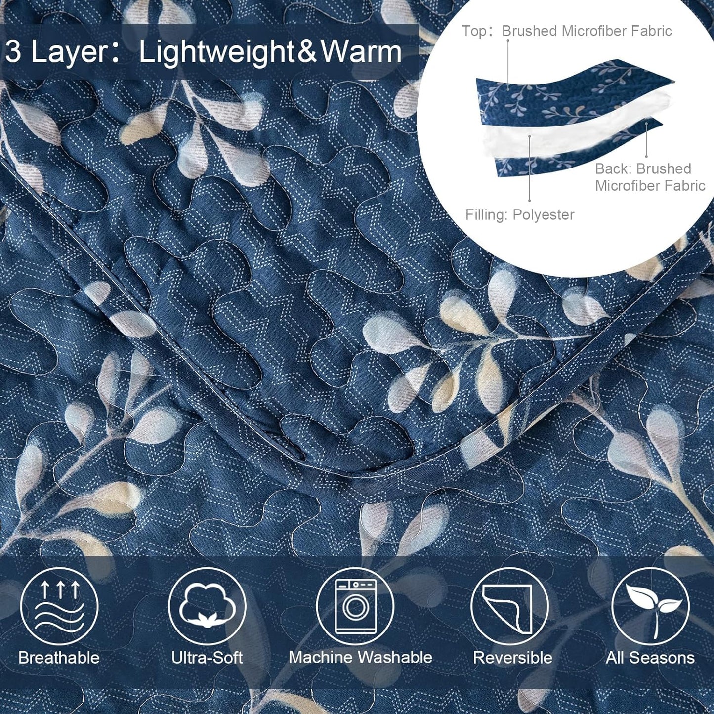 Exclusivo Mezcla Reversible Boho Quilt Set King Size, 3 Pieces Flowers Navy All Season Bedspreads, Ultra Soft Floral Coverlet Bedding Set with Printed Pattern (1 Quilt, 2 Pillow Shams)