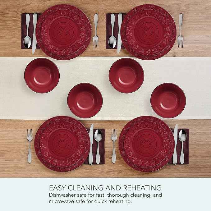 Pfaltzgraff Trellis Snowflakes 12 Piece Dinnerware Set, Service For 4, Red