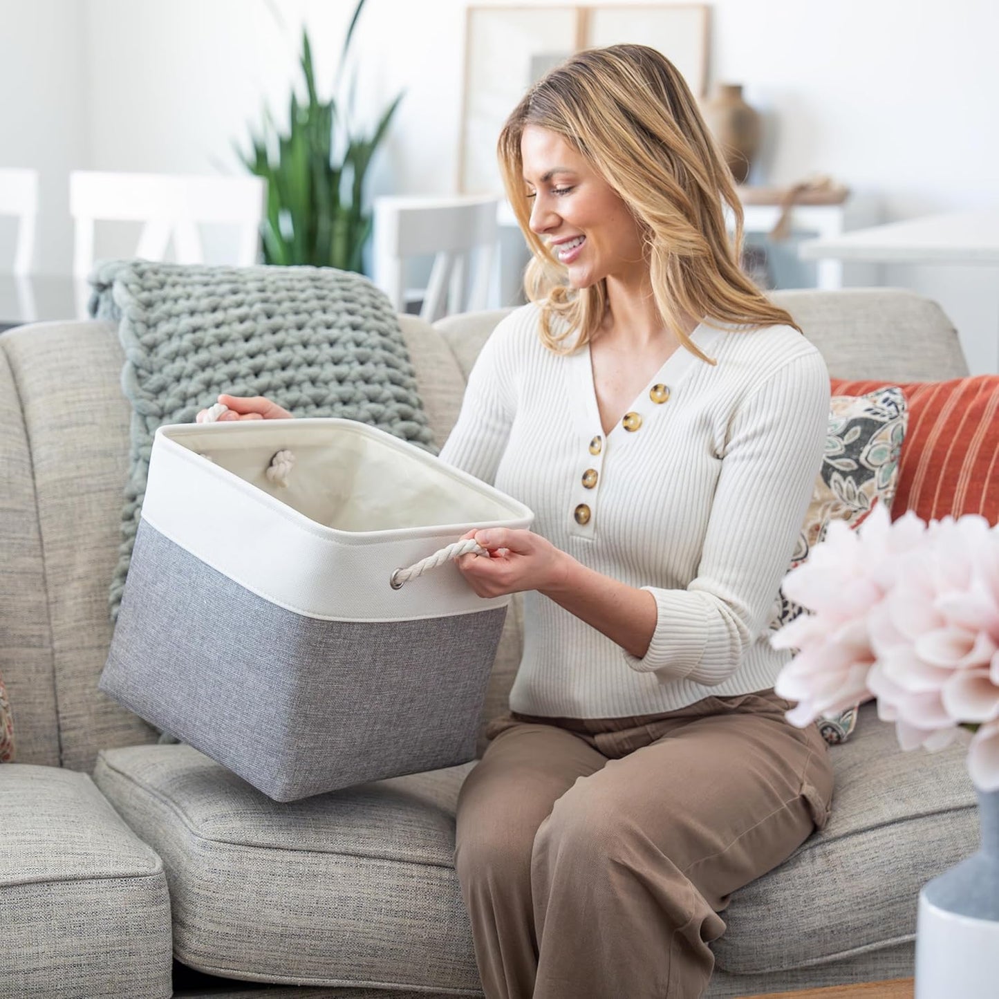 OrganiHaus 12x12 Cube Storage Bins 4 Pack, Foldable Cube Storage Organizer w/ Rope Handles, Collapsible Fabric Bins for Toys, Clothes & Closet Organization, Fabric Square Baskets - Gray/White