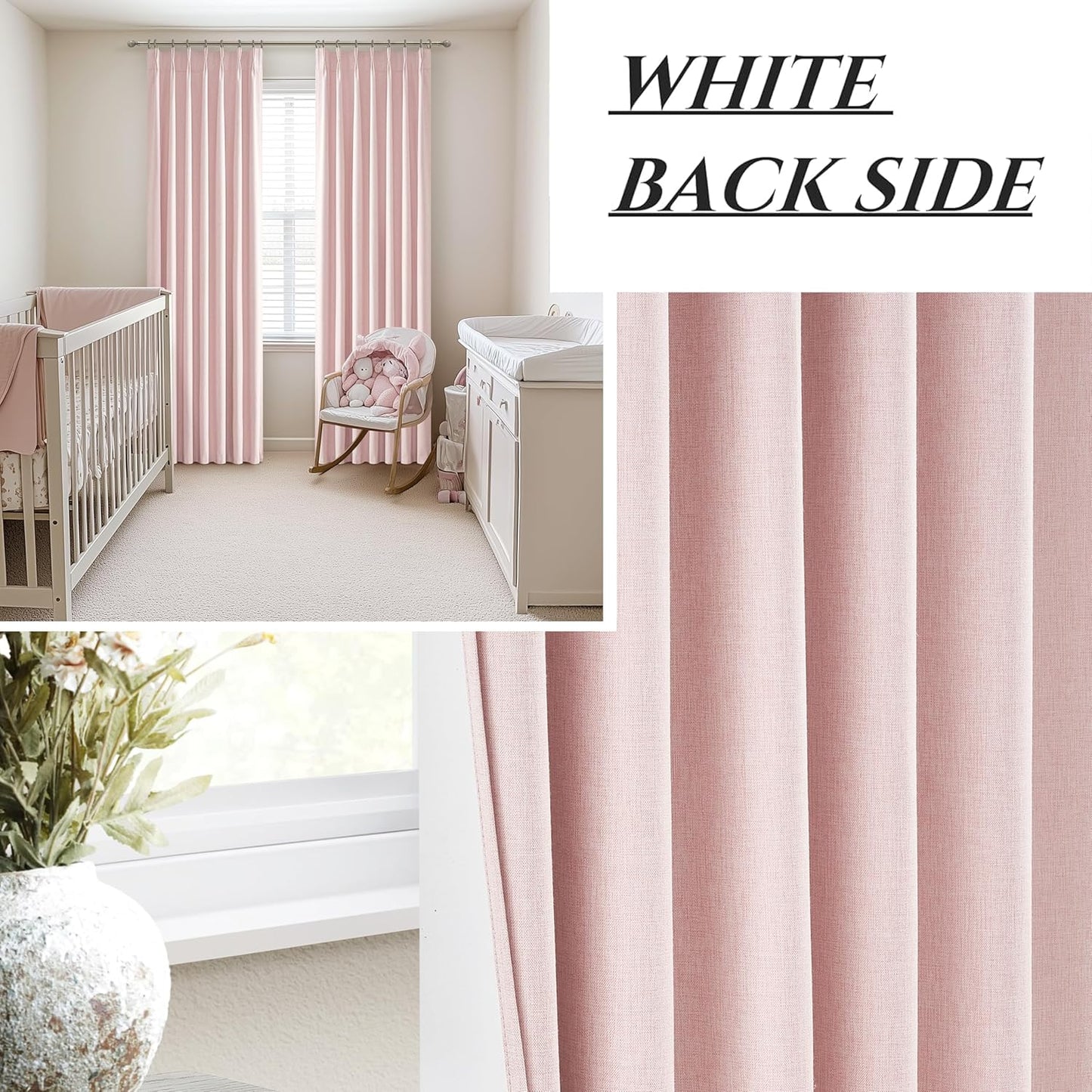 Pinch Pleated Heavy Flax Linen Baby Pink Curtains 90 Inches Long for Bedroom 2 Panels Set, Elegant Blackout Insulated Window Curtain with Hooks Rings for Nursery / Office Room Darkening Viral Drapes