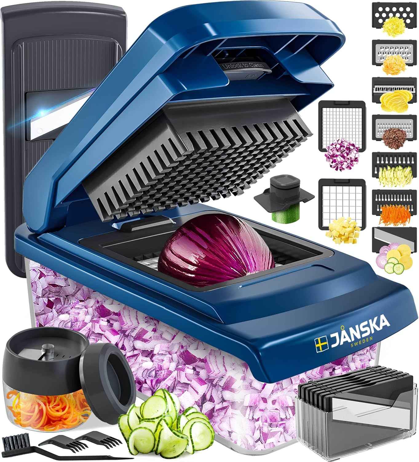 UltraChop All-In-1, 12 Blade Heavy Duty Vegetable Chopper, Food Chopper Container, Spiralizer, Mandoline Slicer Onion Mincer, French Fry And Salad Cutter, Home Essentials & Kitchen Gadgets, Blue