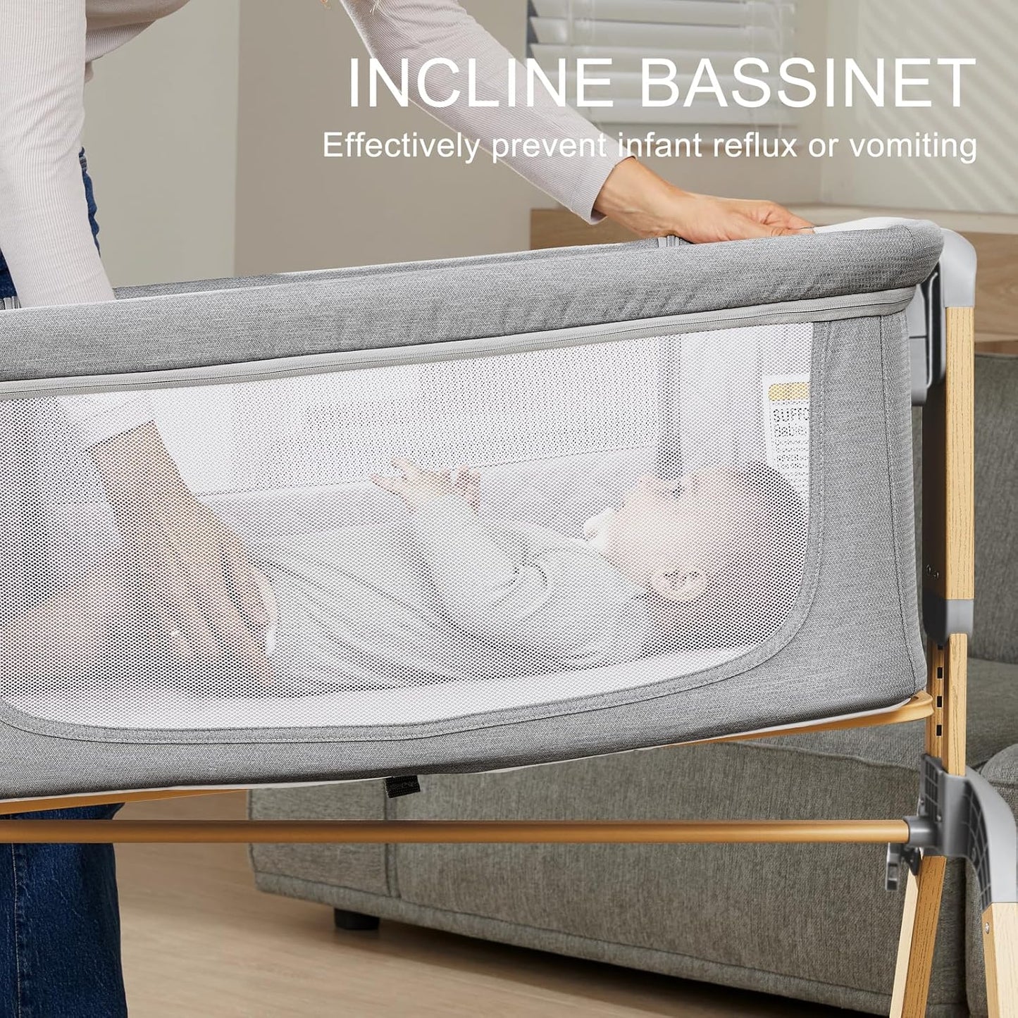 3 in 1 Baby Bassinet, Rocking Bassinets with Comfy Mattress and Wheels, Adjustable Height Bassinet Bedside Sleeper, Easy Folding Portable Crib for Newborn (Grey)