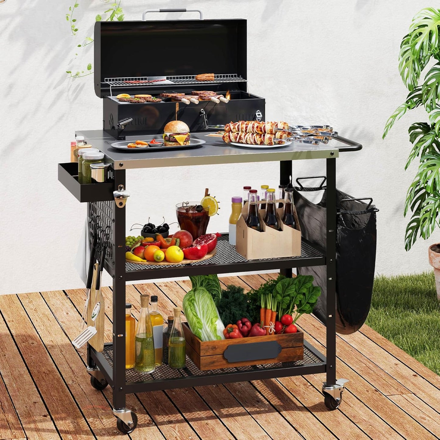 YITAHOME Outdoor Grill Cart Pizza Oven Table with Stainless Steel Top and Drop Leaf, Outdoor Grill Table with Adjustable Three-Tier Shelf and Spice Rack, Movable Bar Table for Patio, Garden, BBQ