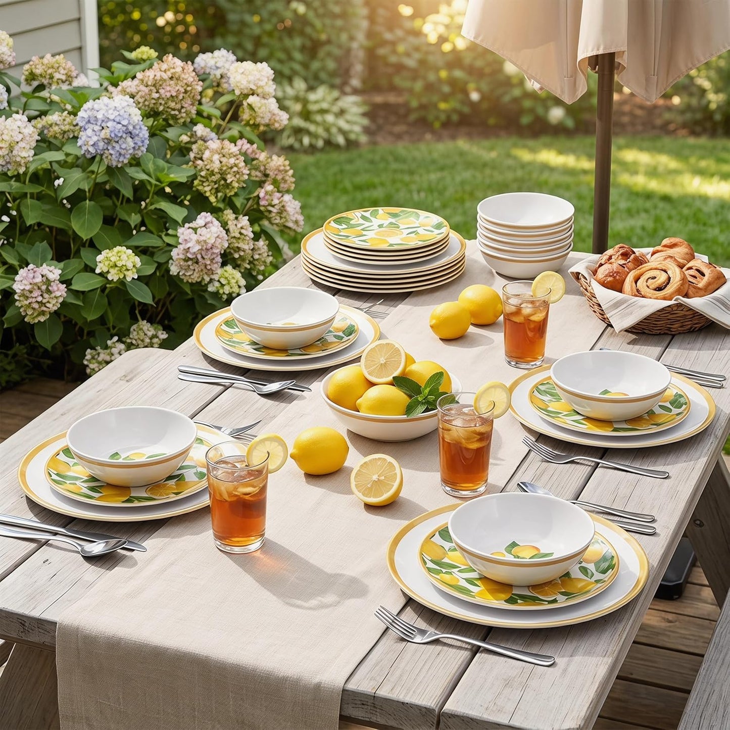 Melamine Dinnerware Sets- 12pcs Melamine Plates and Bowls Set for 4,Indoor and Outdoor Dinnerware, Lemon dinnerware set