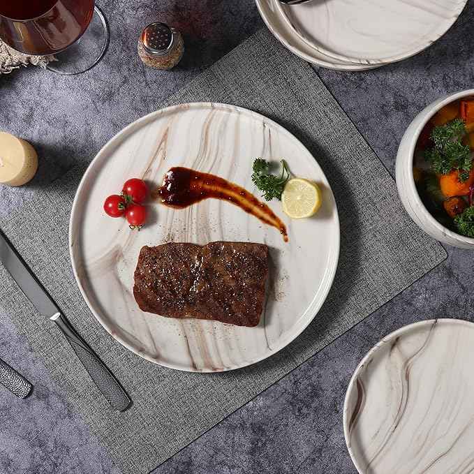 Lorren Home Trends Shiny Marble Pattern Dinnerware Set, 12 Piece Service for 4, Microwave and Dishwasher Safe