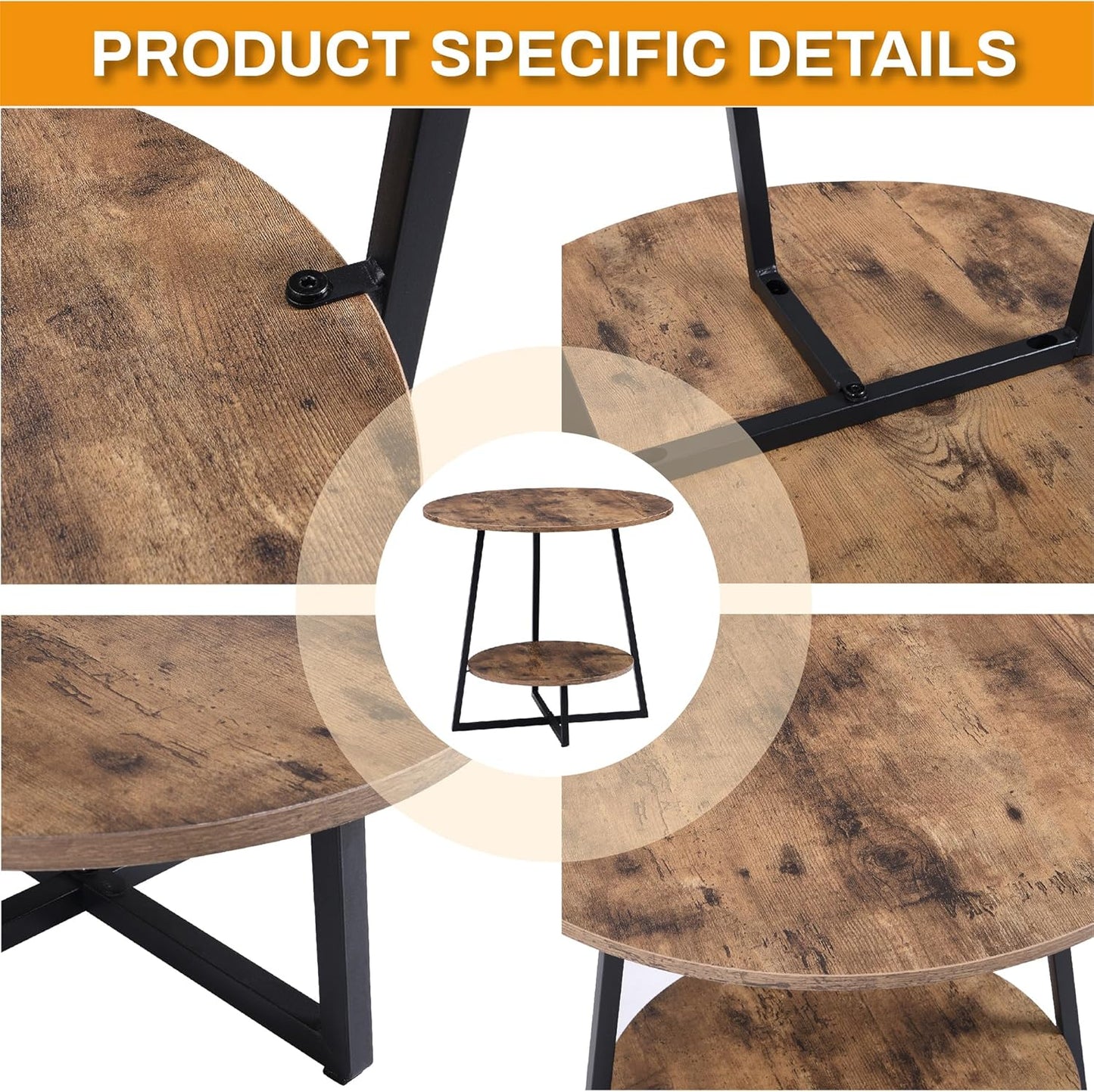 D&H FURNIMMT 20" Round End Table, Industrial 2-Tier Side Table, Metal Frame Nightstand Accent Table for Living Room Bedroom Small Spaces, Rustic Brown & Black