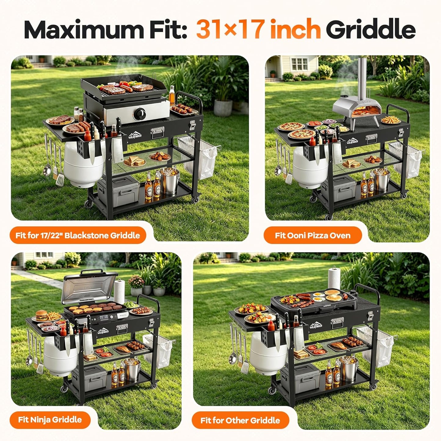 Grill Cart for Blackstone Griddle, Foldable Outdoor Grill Table with Wheels for Ninja, Pizza Oven Stand Grill Stand Fit 17 or 22 Inch Tabletop Griddle, Portable BBQ Prep Station with Tool Hooks
