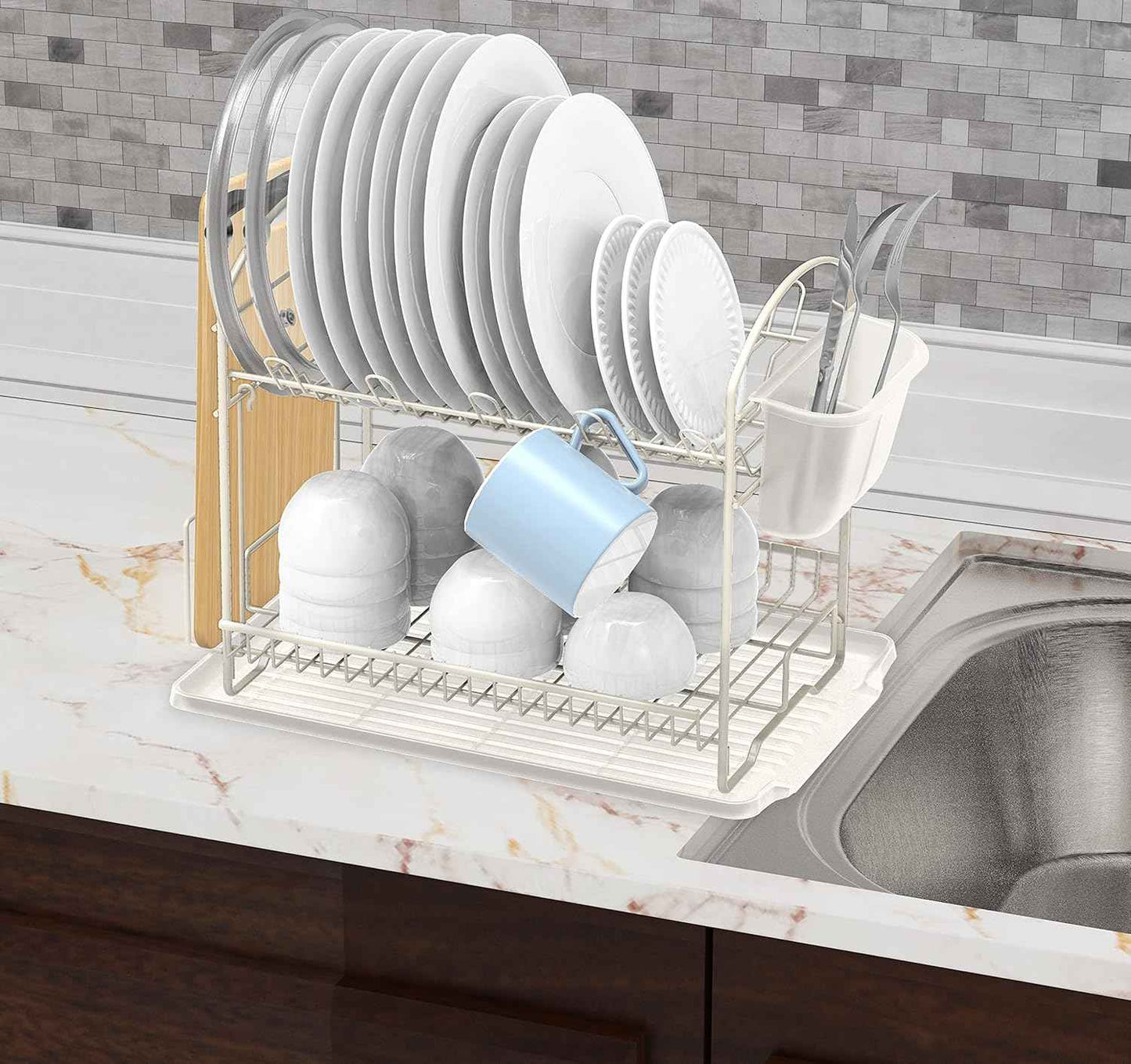 Simple Houseware 2-Tier Dish Rack with Drainboard, White