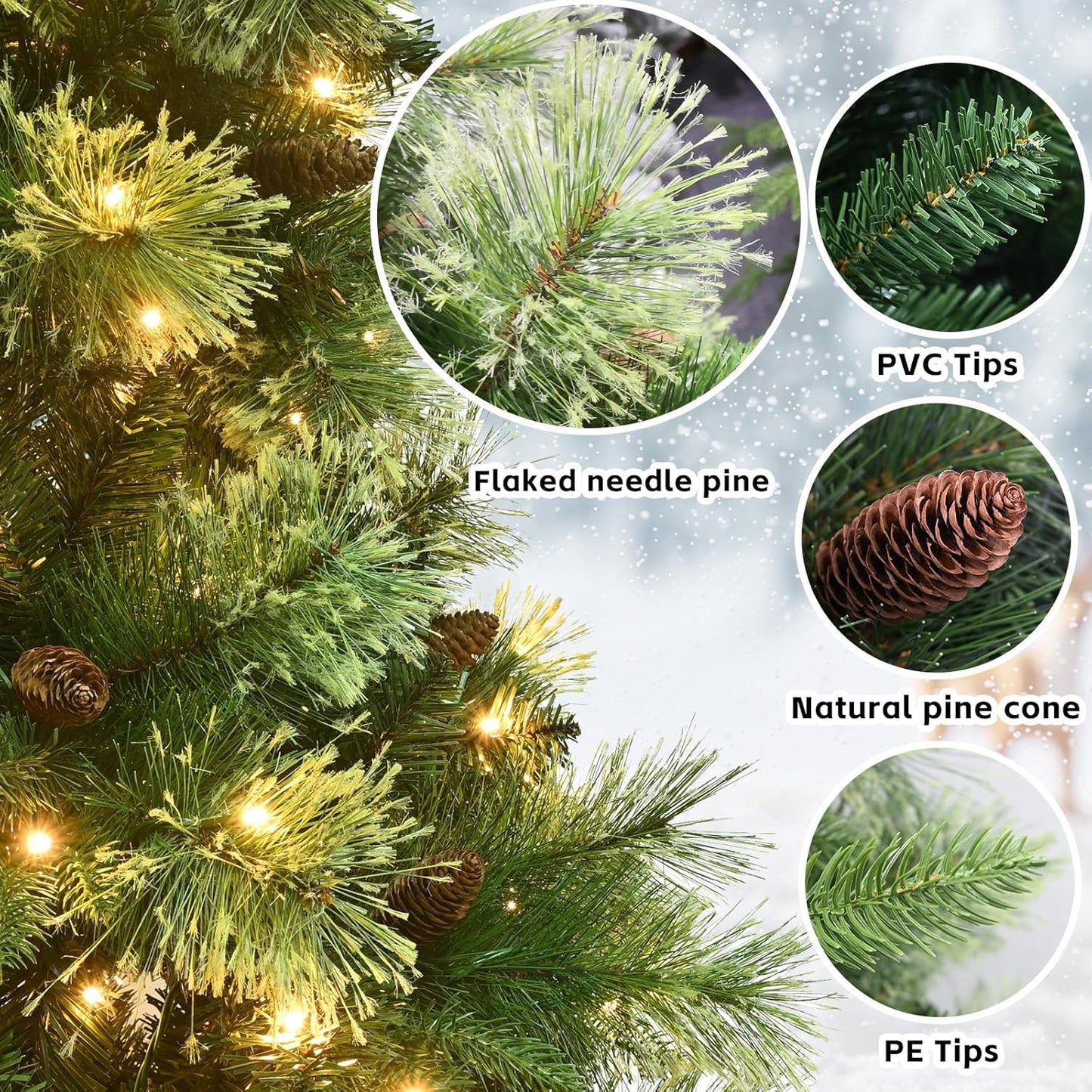 Kadunmina 7.5ft Prelit Christmas Tree, Artificial Carolina Pine Christmas Tree with 750 Warm White Lights, Pine Cones, 1645 Branch Tips and Metal Stand for Home, Office, Holiday Party Decoration