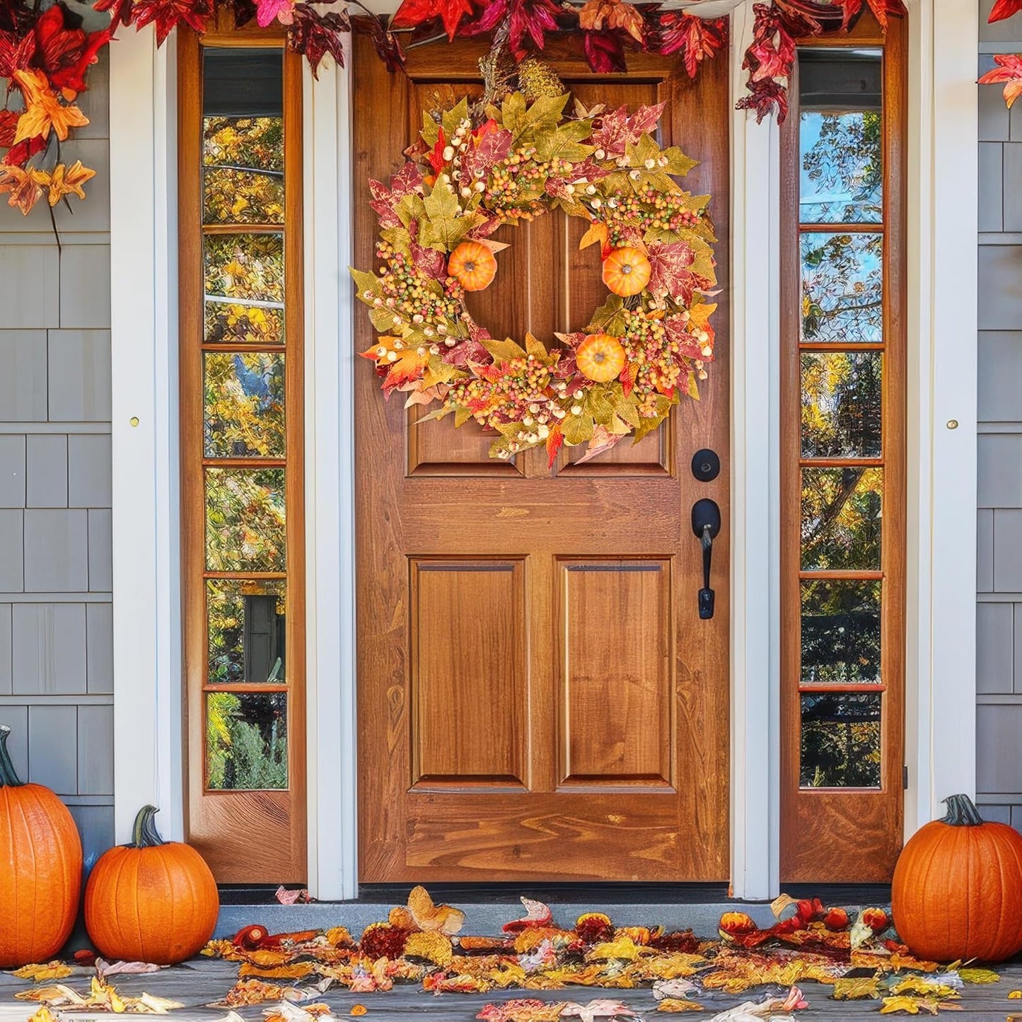 GENMOUS 24 Inch Fall Wreaths for Front Door, Autumn Maple Leaves Wreath for Home Porch Decor, Farmhouse Pumpkin Wreaths for Thanksgiving Halloween Harvest Festival Fall Decoration Outdoor Indoor Home