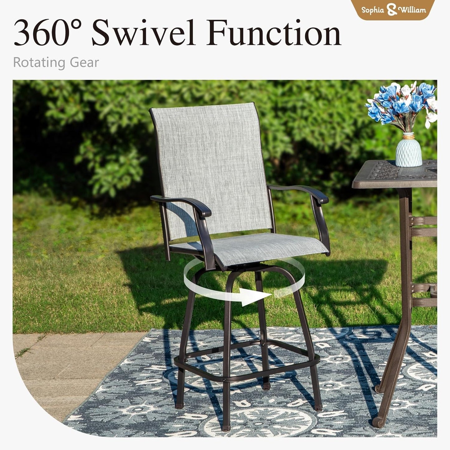 Sophia & William Outdoor Bar Set, Patio Bar Table and Chairs Set Patio Dining Set, Bar Height Patio Set - 6 x Swivel Bar Chairs(Grey), 1 x Rectangular Bar Table(Black)