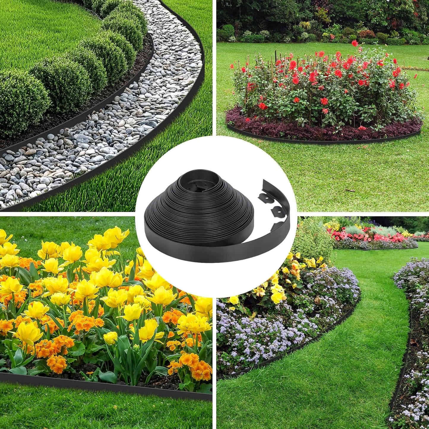 2-Inch x 200 FT Landscape Edging Border with 300 Stakes, Plastic Garden Edging Border Kit, Flexible No Dig Lawn Edging Border for Garden Flower Beds Yard Pathway Paver (Black)