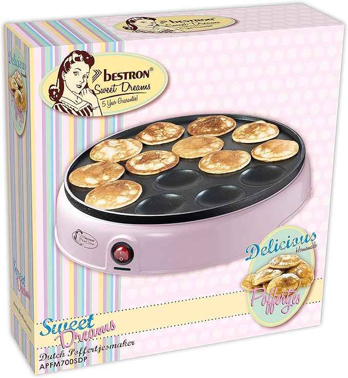 Bestron Poffertjes Maker im Retro Design, Mini Pfannkuchen Automat, mit Antihaftbeschichtung, Sweet Dreams, 800 W, Farbe: Rosa