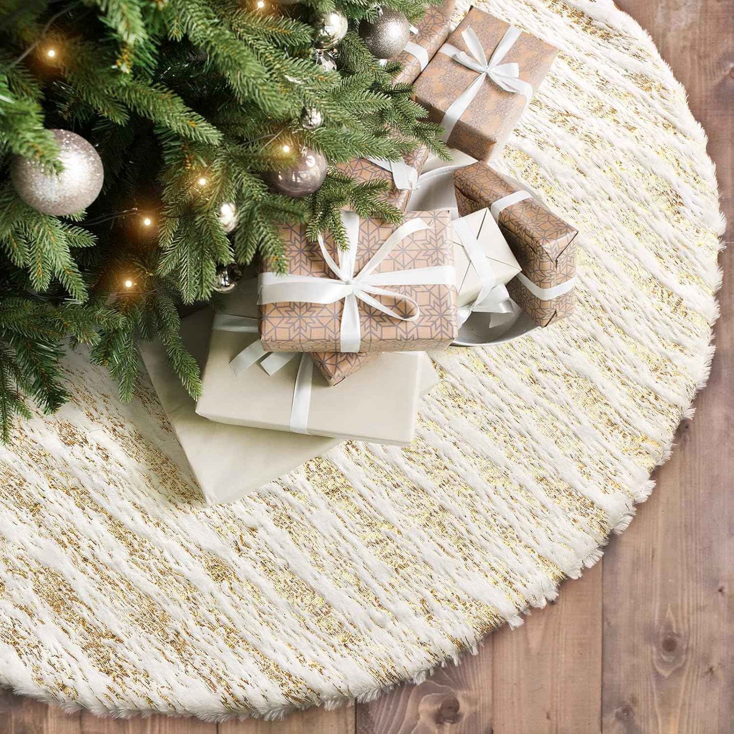 Christmas Tree Skirt, Large White&Gold Bronzing Luxury Faux Fur Tree Skirt Soft Thick Plush Xmas Tree Skirt for Family Holiday Christmas Party Tree Decorations(Gold,36inch/90cm)