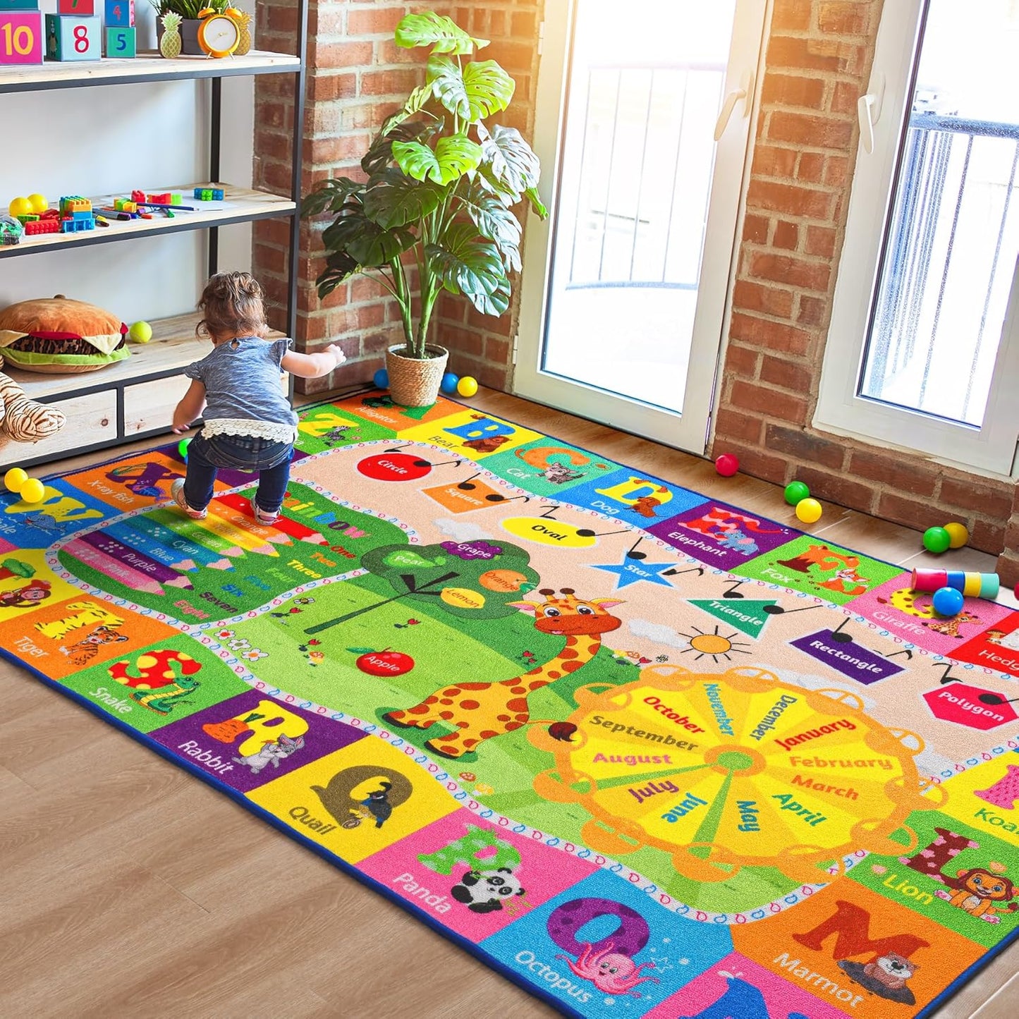 5x7 Playroom Rugs for Kids Washable, Educational and Fun Playmat with ABC Alphabet Animals Shapes Colors, Non-Slip Play Mat Learning Rugs for Baby Toddler Children Game Activity