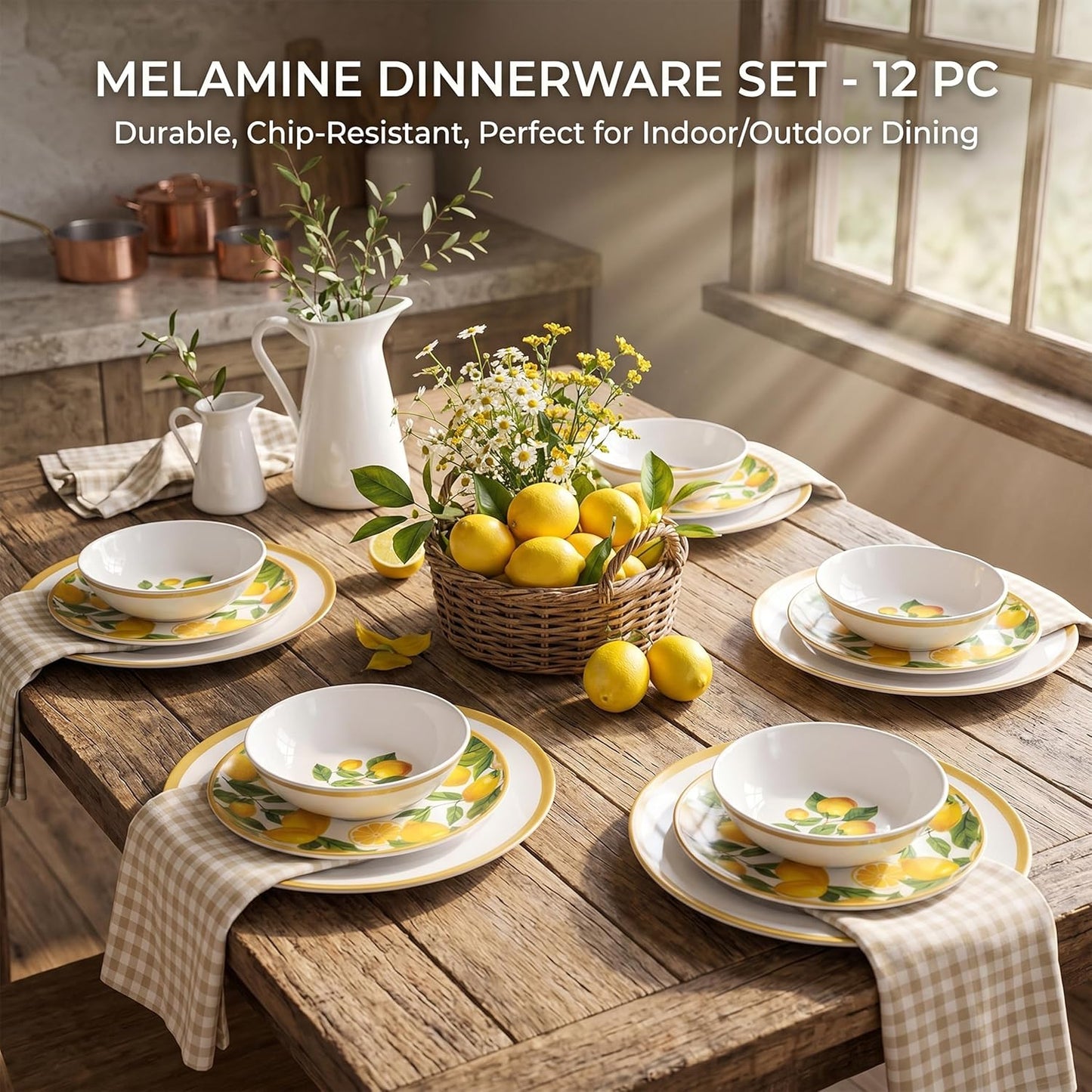 Melamine Dinnerware Sets- 12pcs Melamine Plates and Bowls Set for 4,Indoor and Outdoor Dinnerware, Lemon dinnerware set