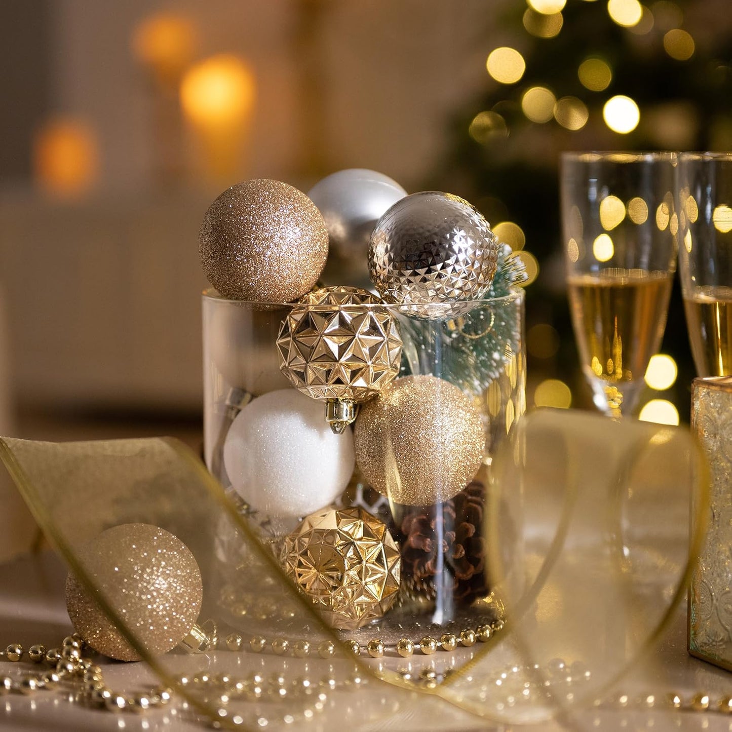 Valery Madelyn Christmas Tree Decorations Ornament Set for Fall Halloween, 50ct 2 Inches White and Gold Shatterproof Christmas Ball Ornaments Hanging Xmas Holiday Party Decor