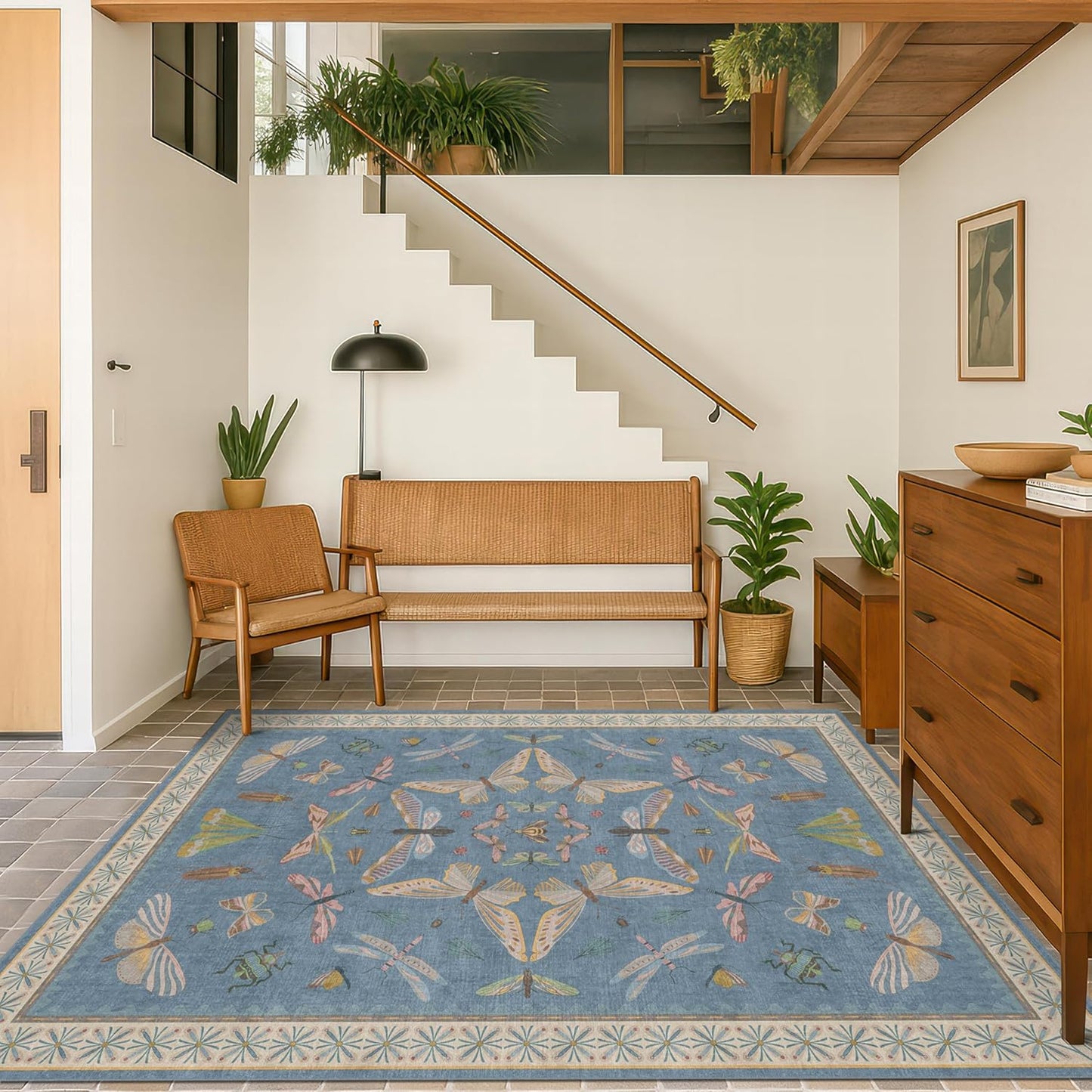 Washable 4x6 Small Rug for Living Room, Area Rug for Kitchen, Bedside, Large Entryway Indoor - Stain Resistant Non Slip with Rubber Backing, Insect Print Aethestic Décor, Light Blue & Aqua