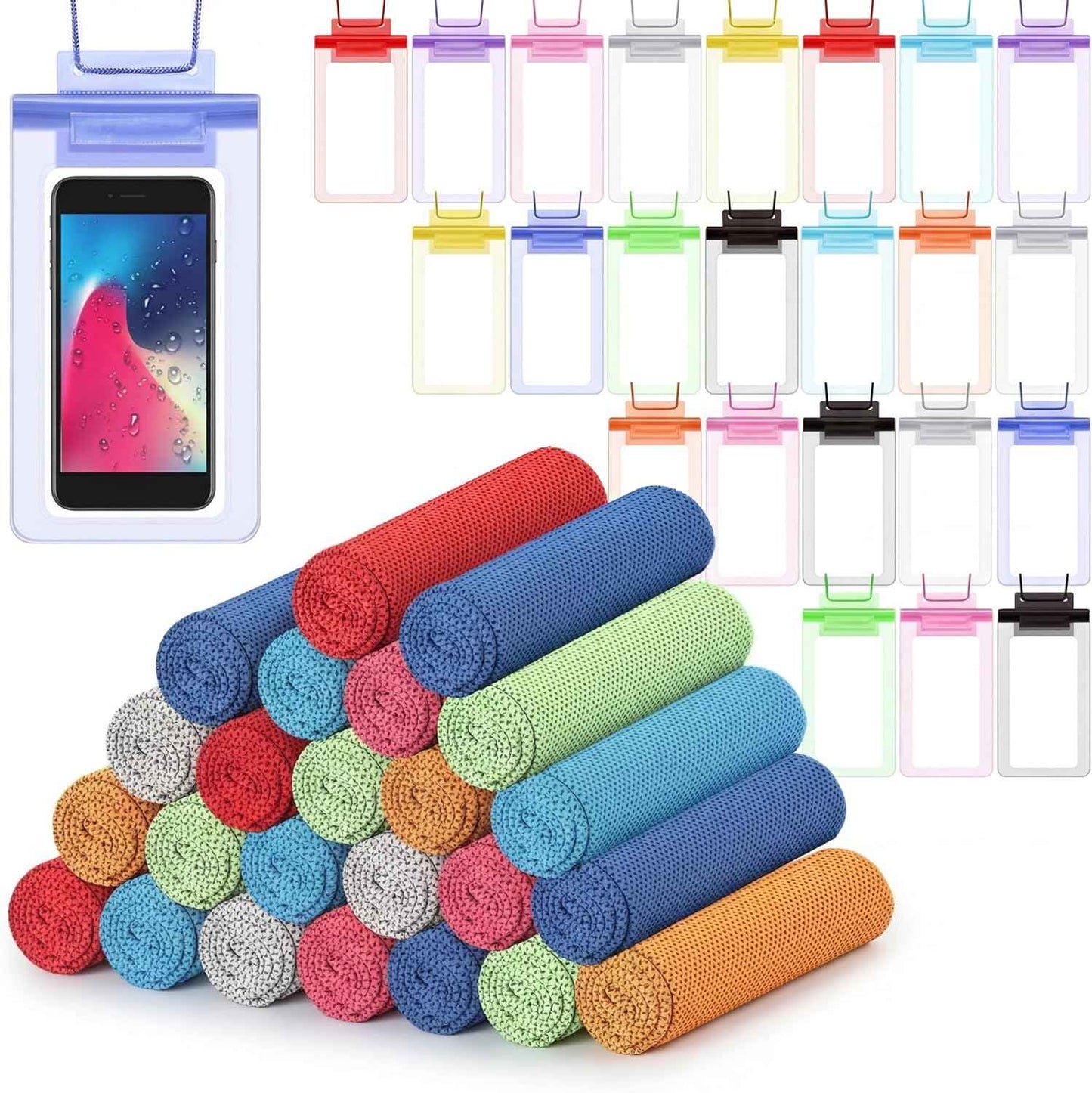 BBTO 48 Pcs Cooling Towels Waterproof Cell Phone Pouch Set 24 40" x 12" White Ice Towel for Neck and Face 24 6.7" Underwater Cellphone Dry Bag with Lanyard for Running Yoga Snorkeling Swimming