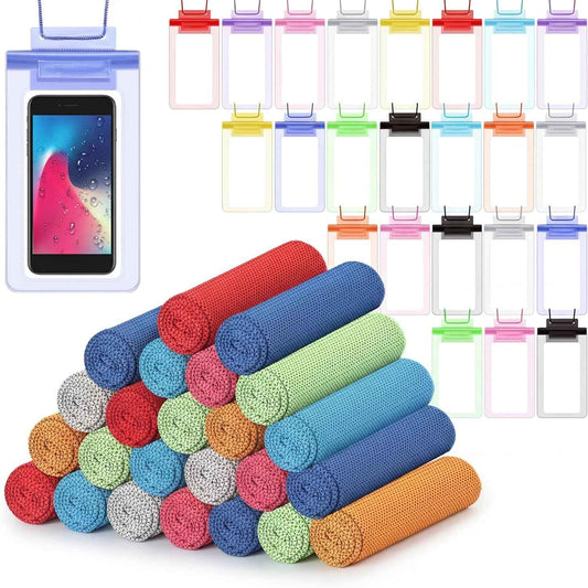 BBTO 48 Pcs Cooling Towels Waterproof Cell Phone Pouch Set 24 40" x 12" White Ice Towel for Neck and Face 24 6.7" Underwater Cellphone Dry Bag with Lanyard for Running Yoga Snorkeling Swimming