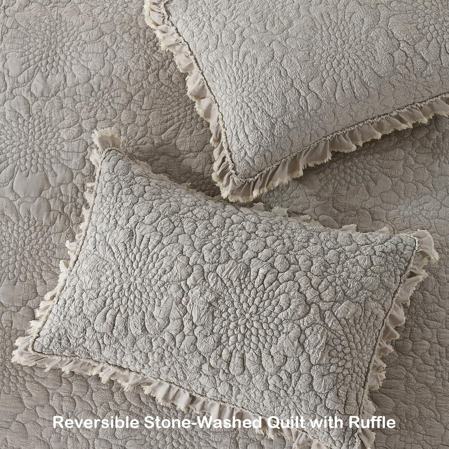 HORIMOTE HOME Beige Ruffled Quilt Twin Size, Stone-Washed Microfiber Lightweight Crinkled Farmhouse Rustic Shabby Chic Bedding Set, 2 Pieces Reversible Bedspread with Pillow Sham for All Season